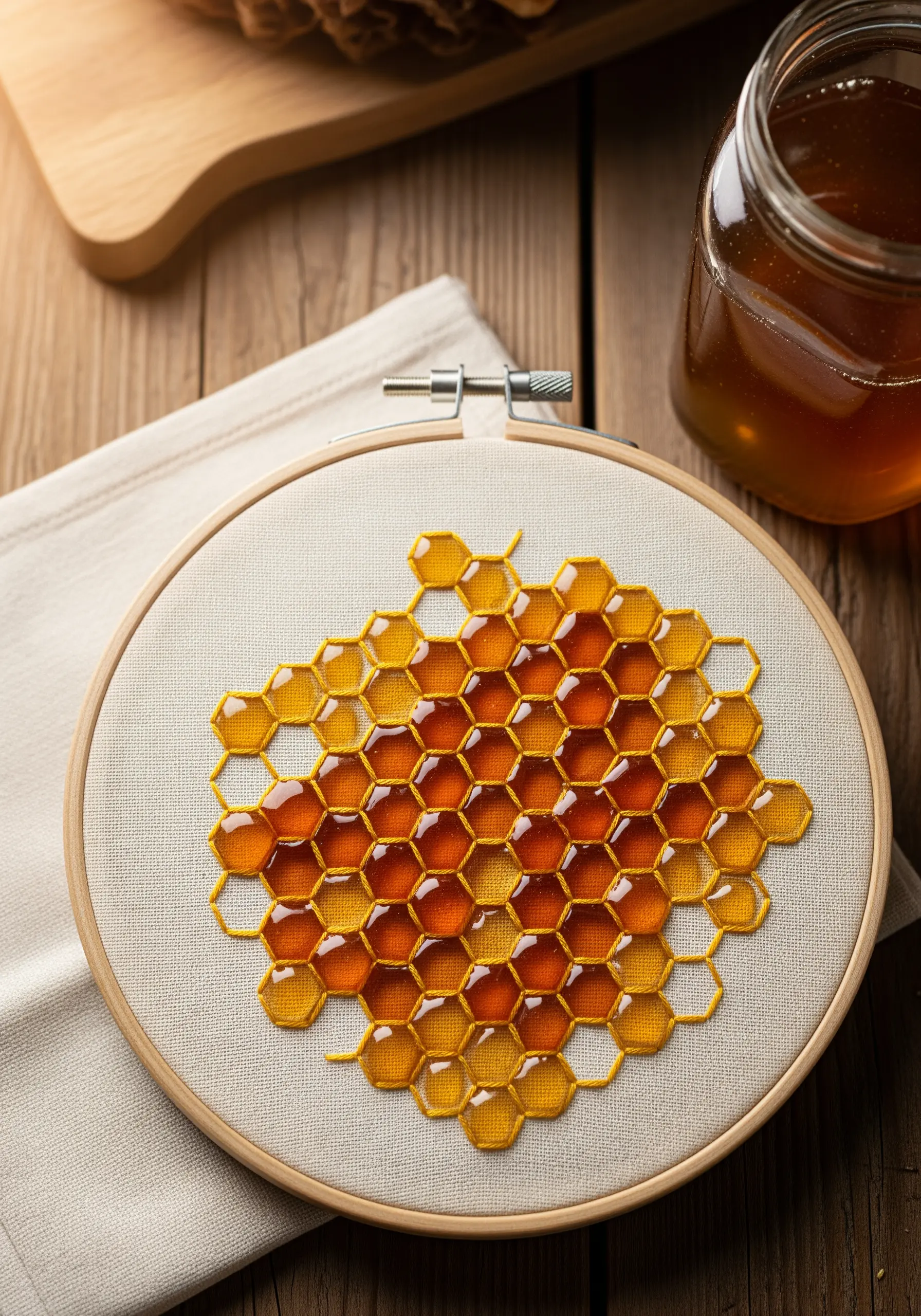 Embroidery of a honeycomb with some cells filled with a glossy, transparent resin.