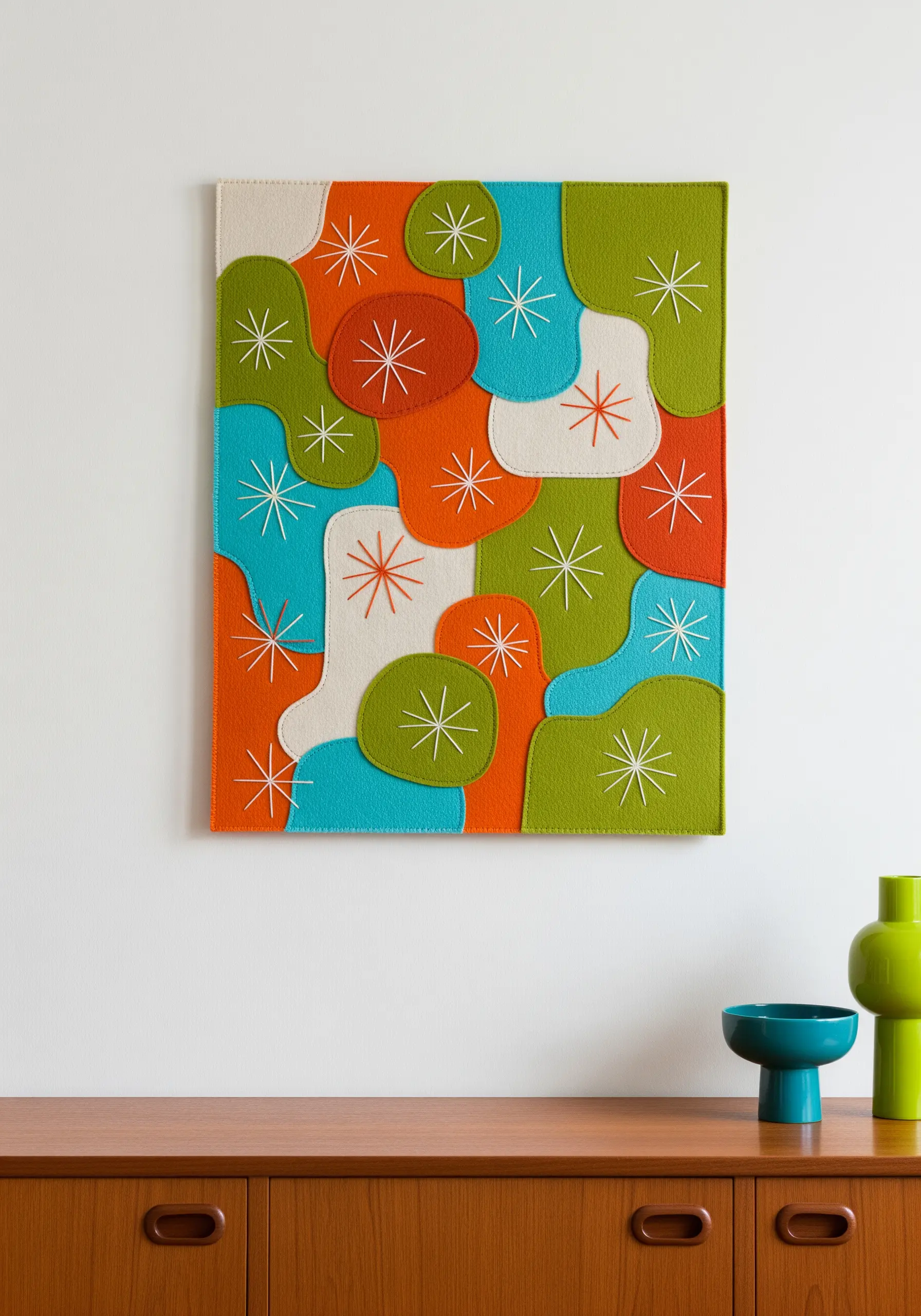 A mid-century modern fabric collage with organic shapes and embroidered starburst details.