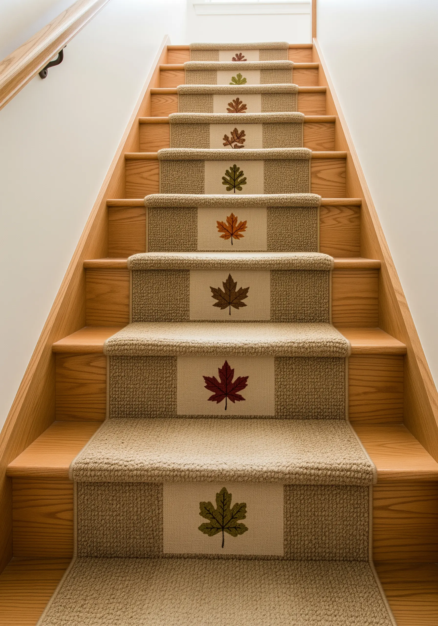 A carpeted stair runner with a single embroidered autumn leaf on each step.