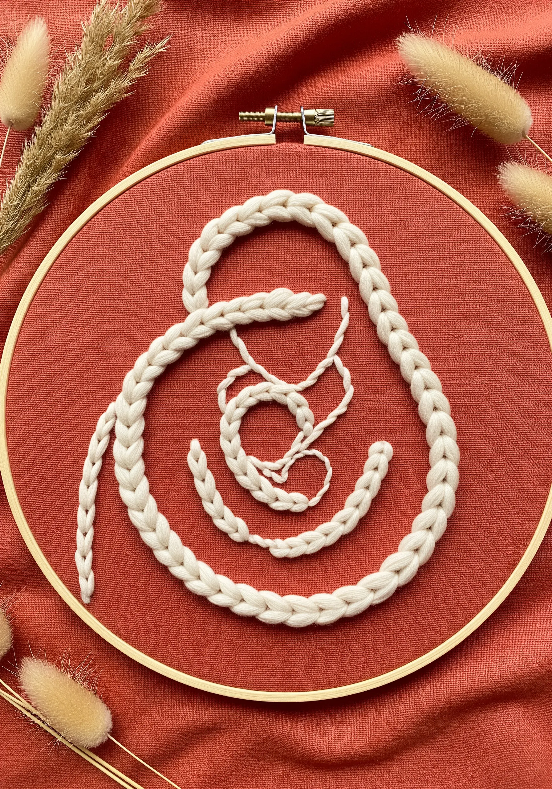 A close-up of a thick, braided chain stitch worked in chunky cream yarn on a terracotta fabric.