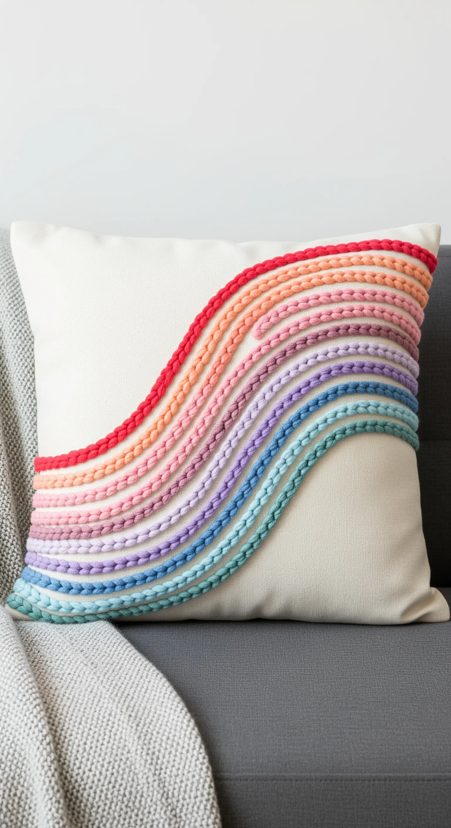 Wavy rainbow lines of thick, braided yarn couched onto a white pillow.