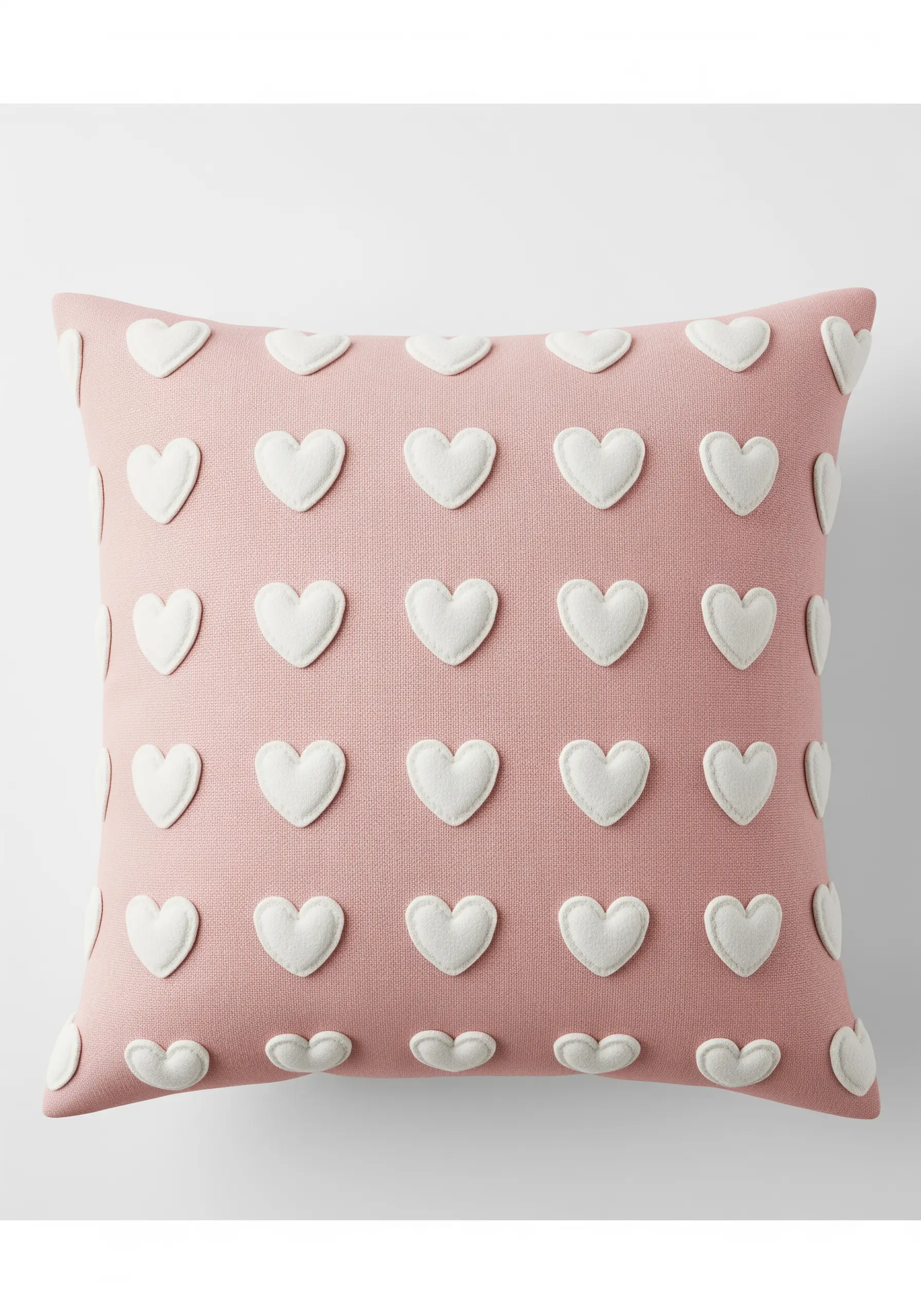 A pink pillow covered in a grid of small, puffy white appliqué hearts.