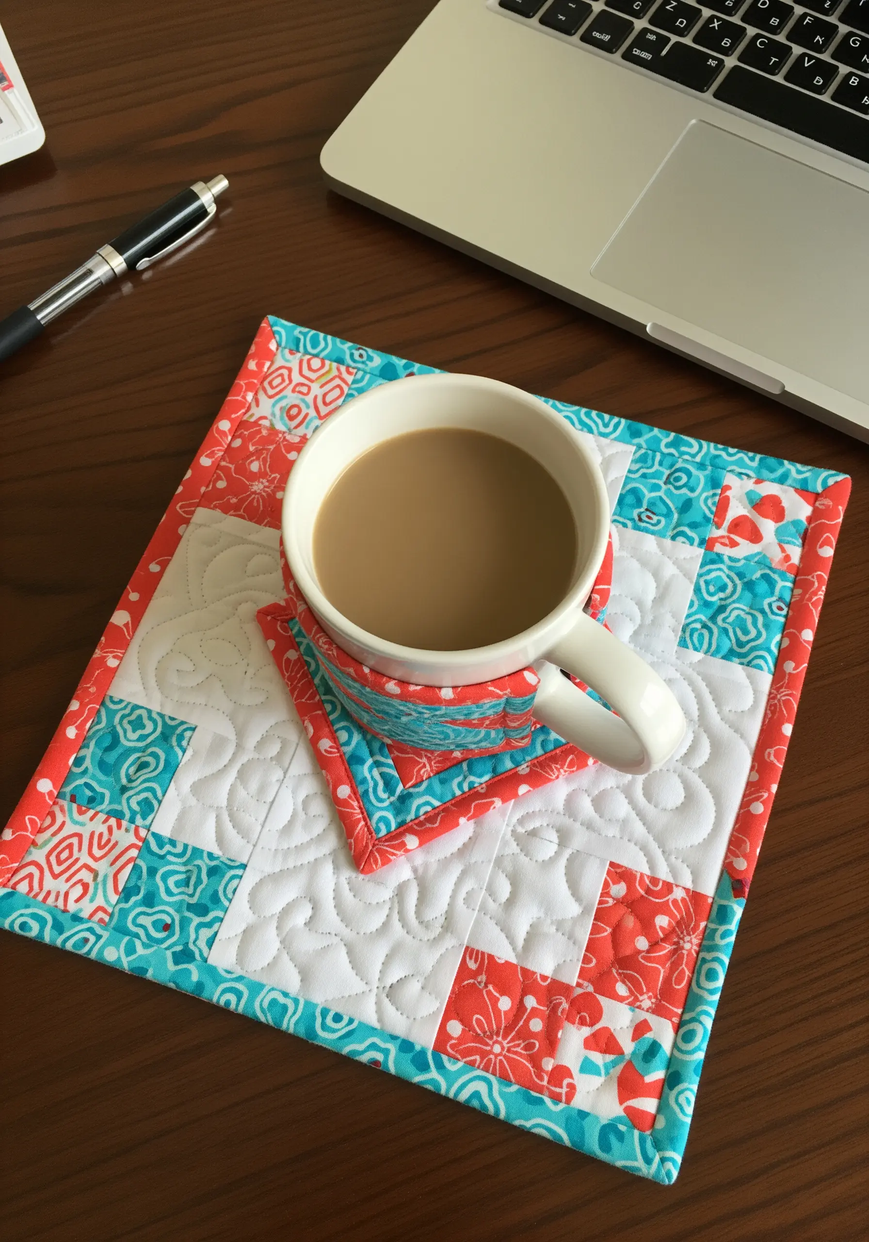 A brightly colored quilted mug rug with a hand-stitched stippling pattern on the white sections.