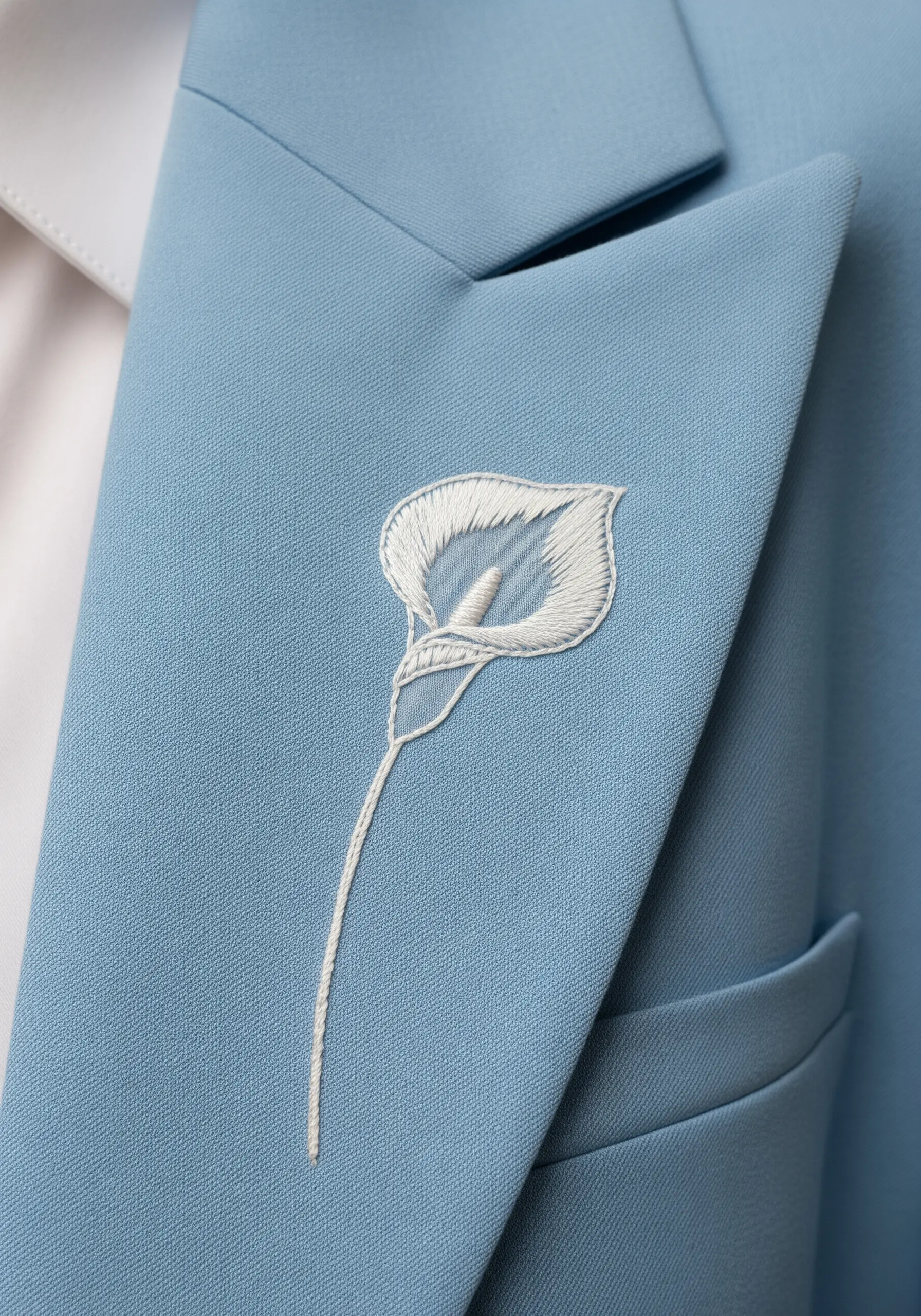 A minimalist, single-line calla lily embroidered in white thread on a light blue blazer lapel.