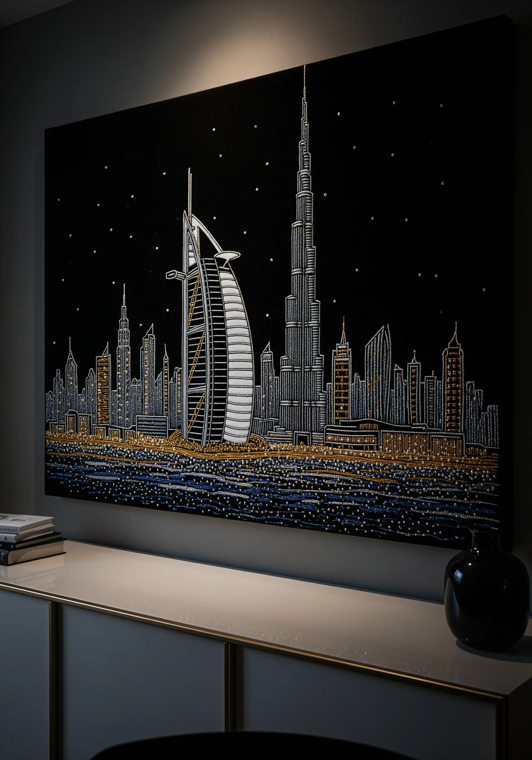 Embroidered Dubai skyline at night, using silver, gold, and white metallic threads on black fabric.