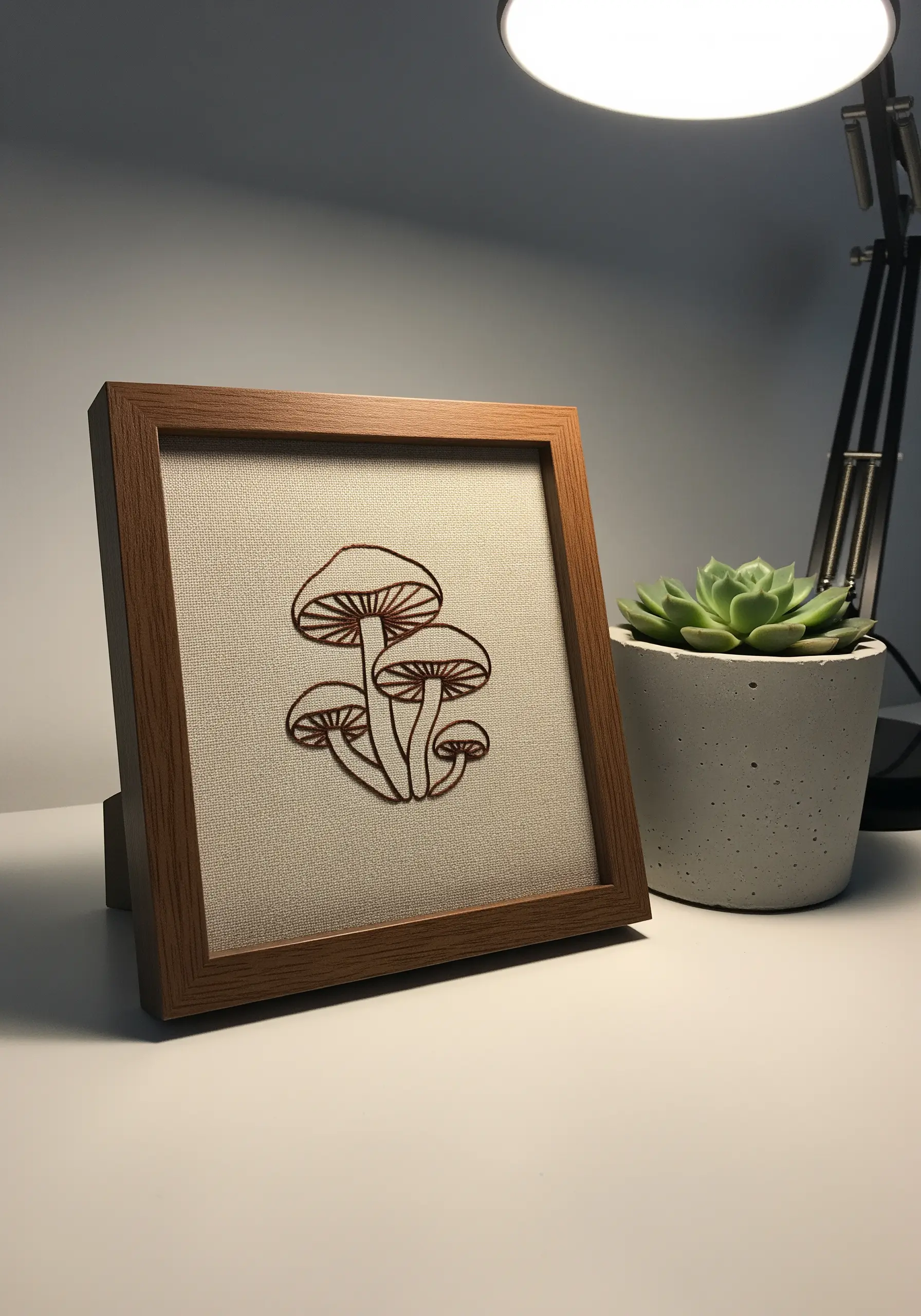 Minimalist line art embroidery of three mushrooms in a small wooden frame.