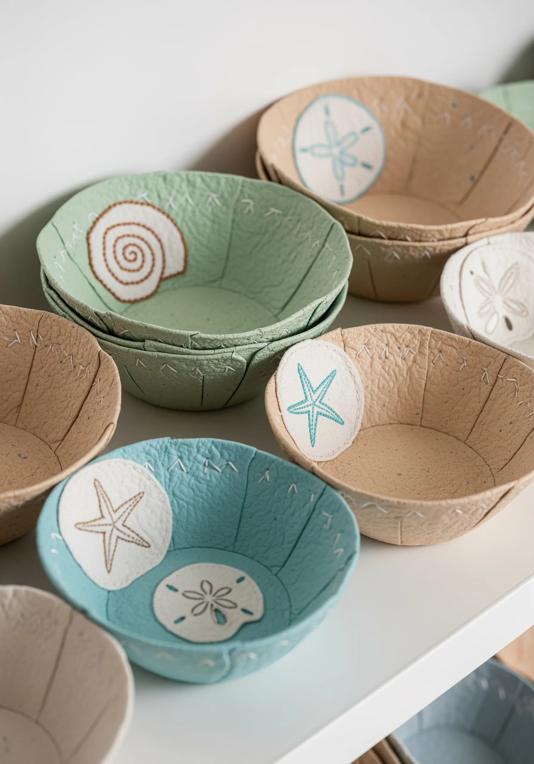 Pastel-colored paper mache bowls decorated with small, embroidered appliqué patches of seashells.