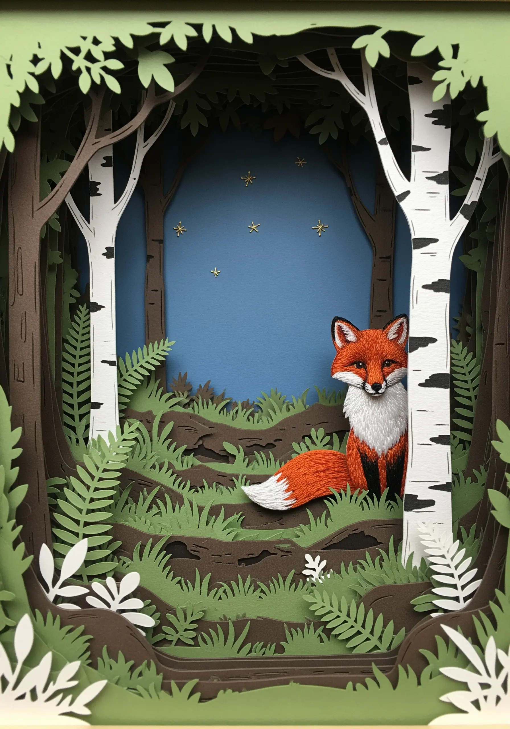 A 3D paper diorama of a forest scene with a fox whose fur is detailed with embroidery.