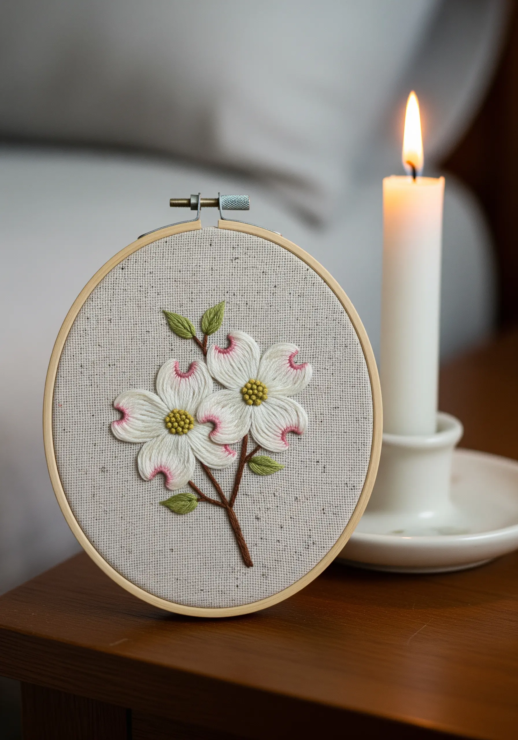 Embroidered dogwood flowers with white petals tipped in pink, displayed next to a candle.
