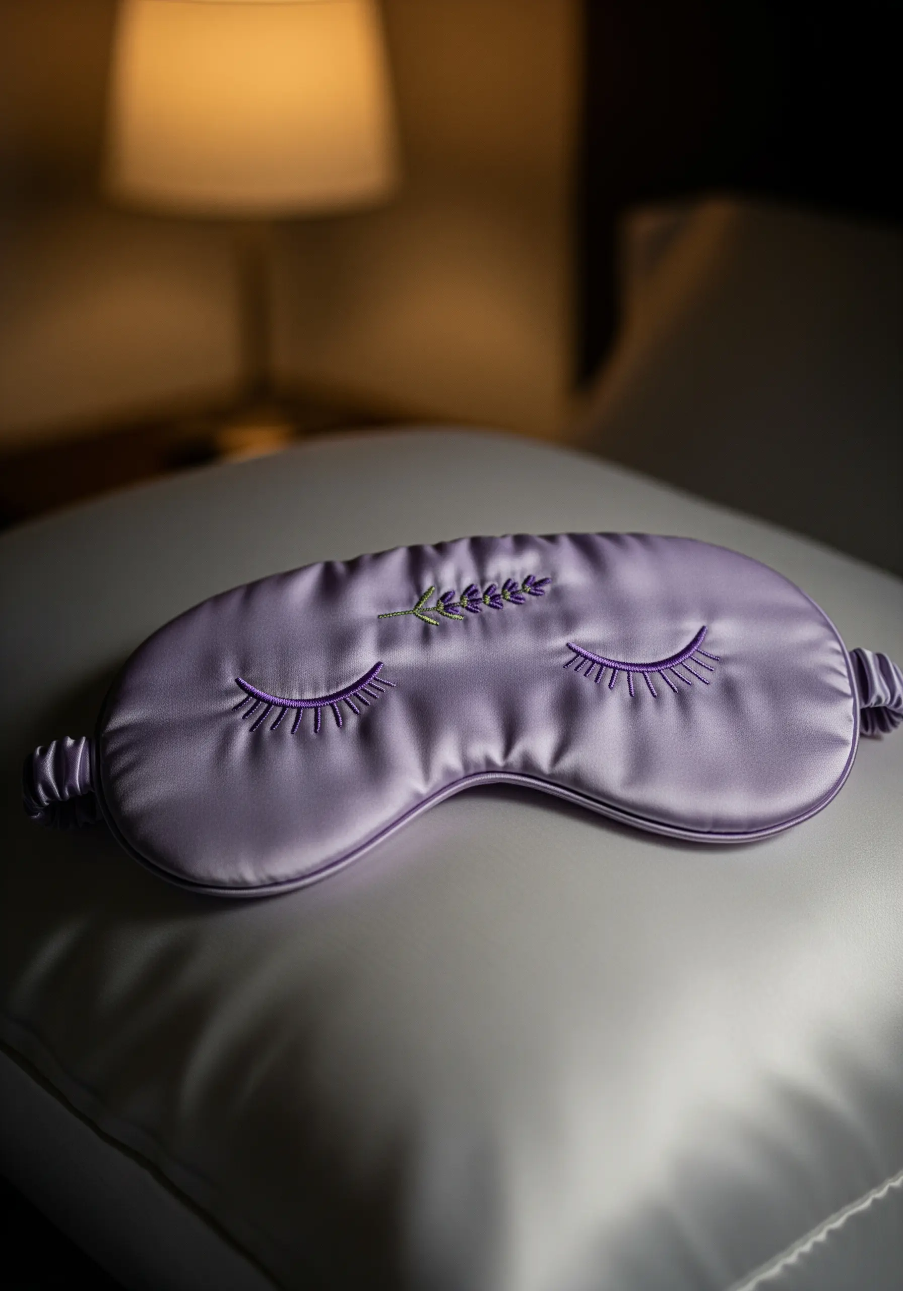 A lavender silk sleep mask with embroidered eyelashes and a tiny lavender sprig.