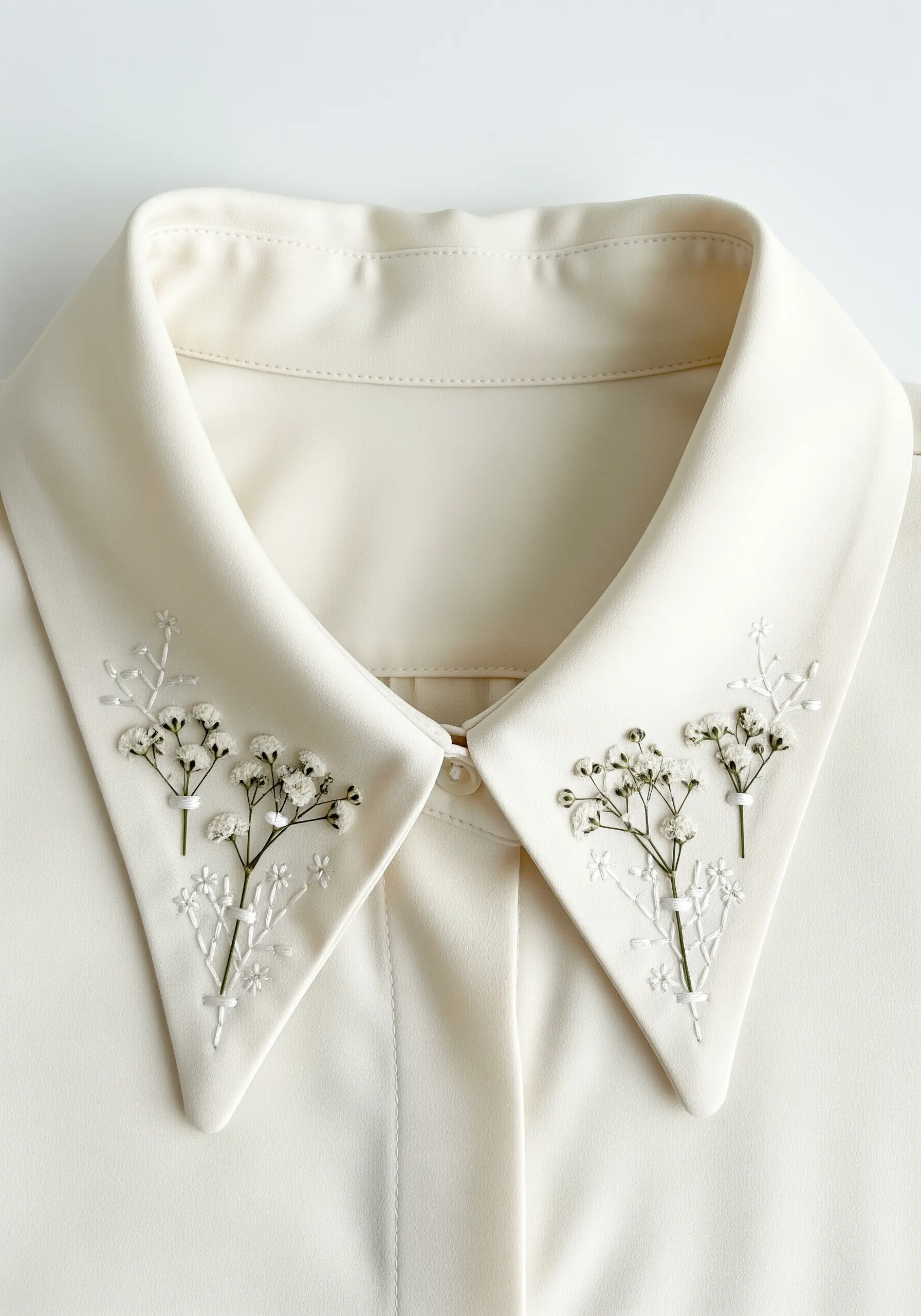The collar of a cream-colored shirt, embellished with delicate sprigs of real baby's breath.
