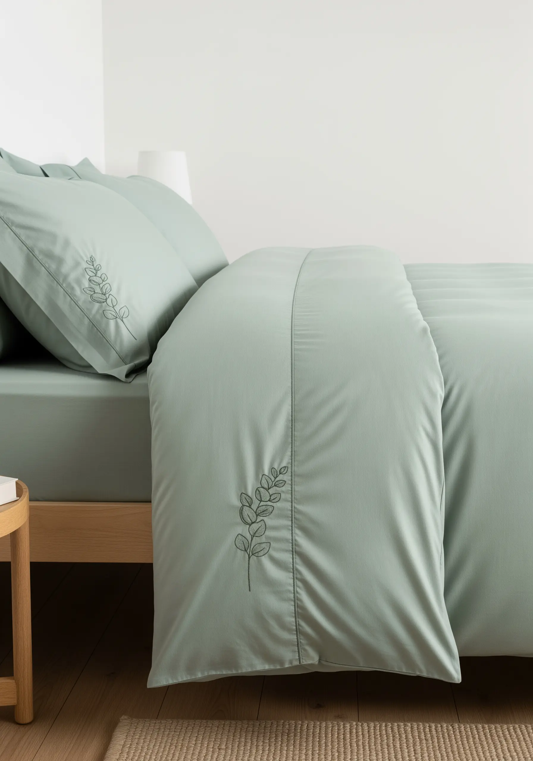 A minimal botanical line art motif stitched onto a sage green pillowcase.