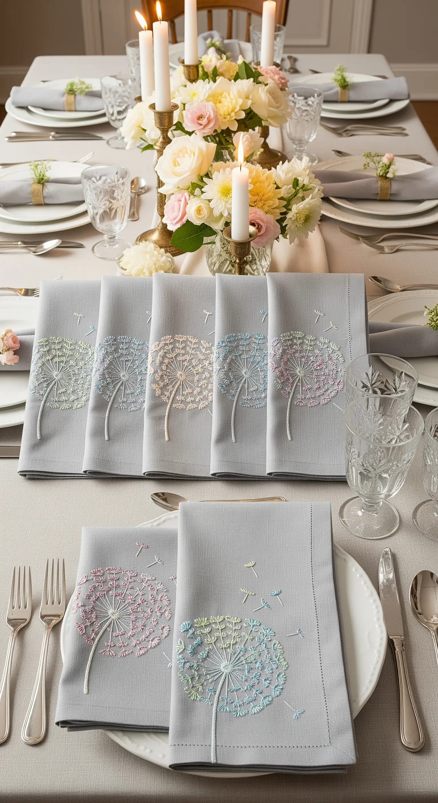 Gray linen napkins embroidered with delicate dandelions in soft pastel ombré.