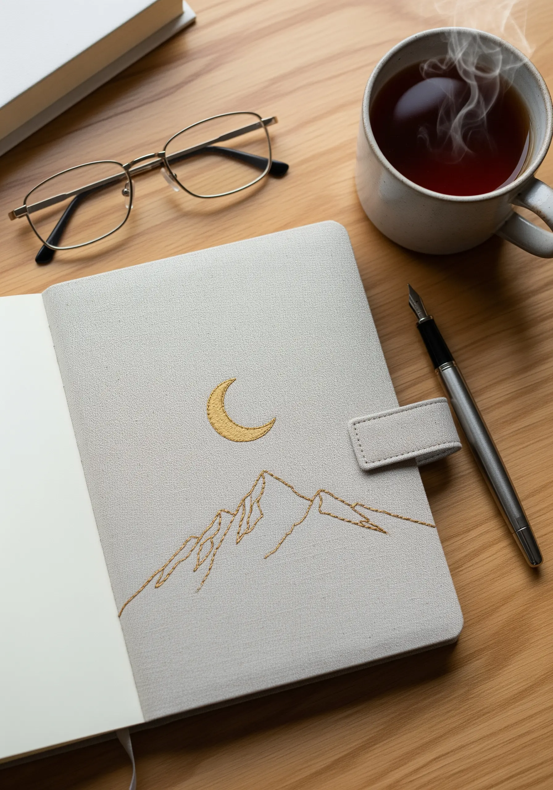 Minimalist gold thread embroidery of mountains and a moon on a fabric journal cover.