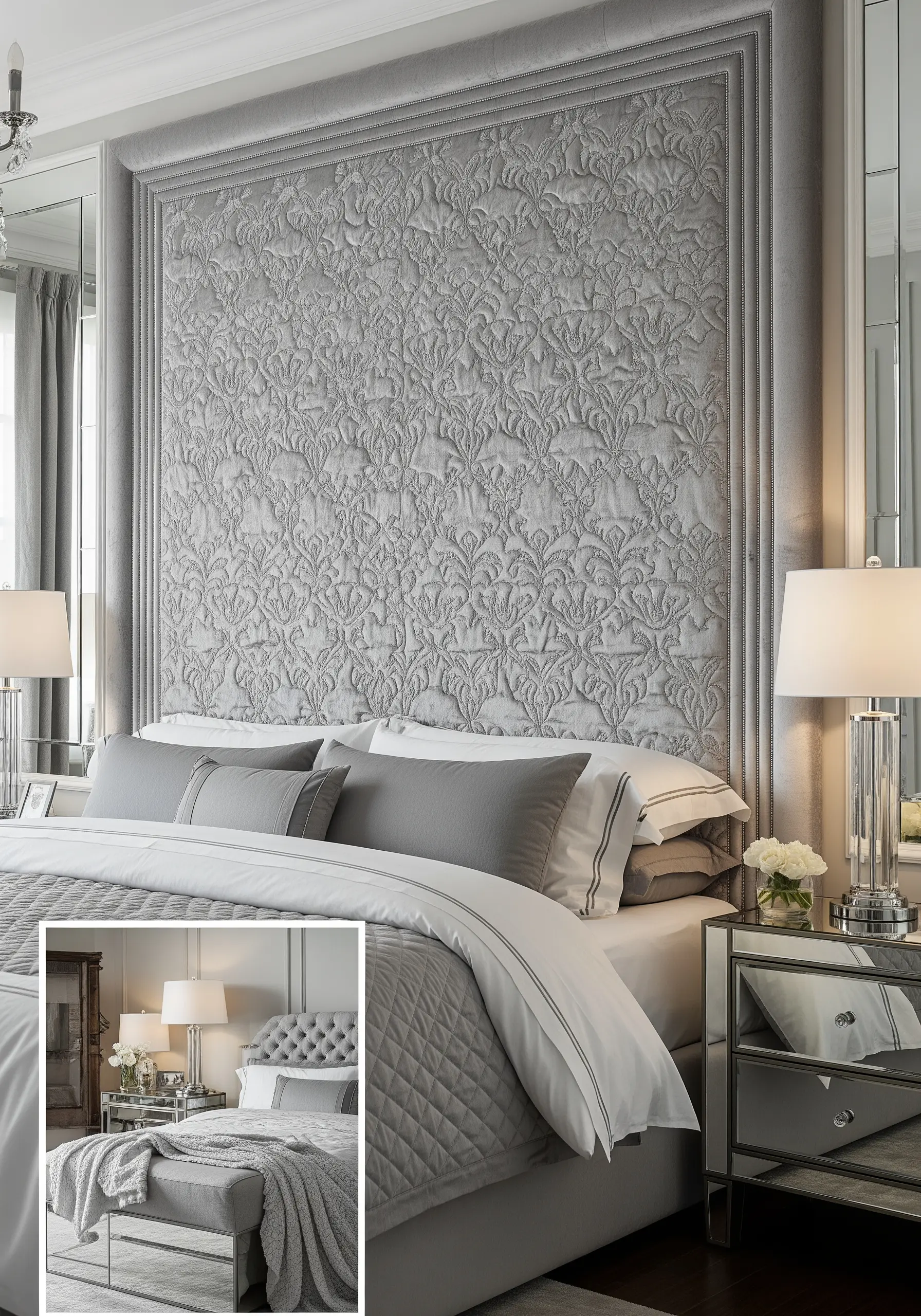A large, grey upholstered headboard with an intricate, quilted floral damask pattern.