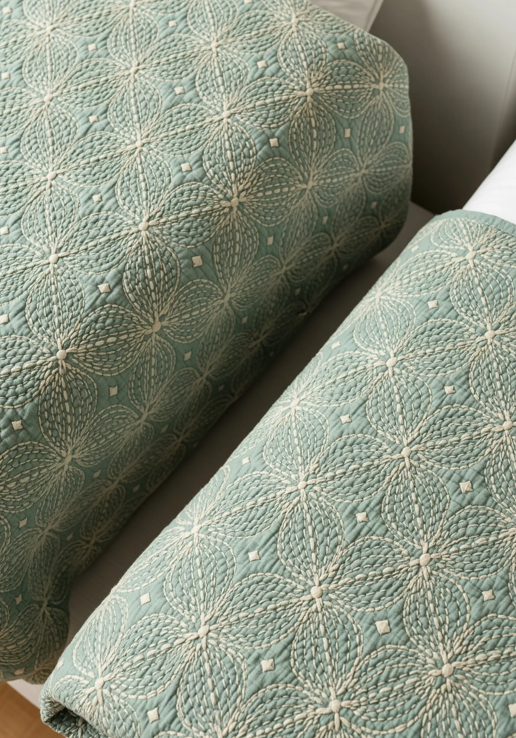 A close-up of a sage green quilted coverlet with a geometric sashiko stitch pattern.