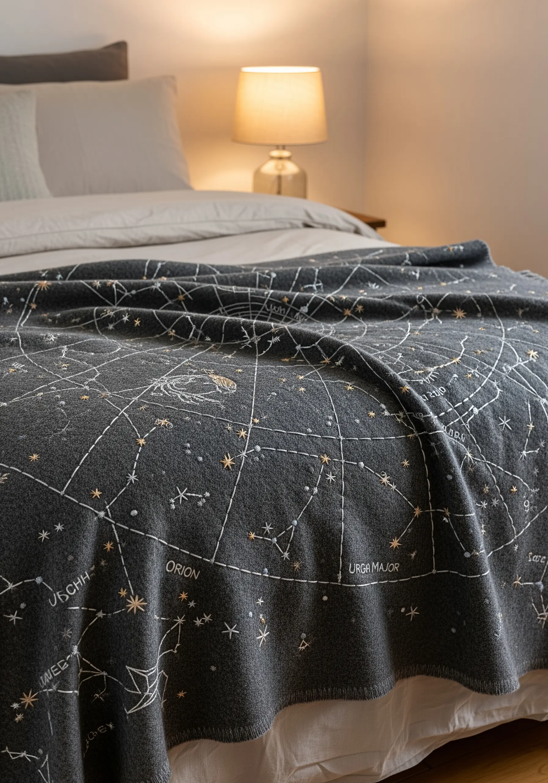 A dark charcoal blanket embroidered with a celestial map and gold star accents.