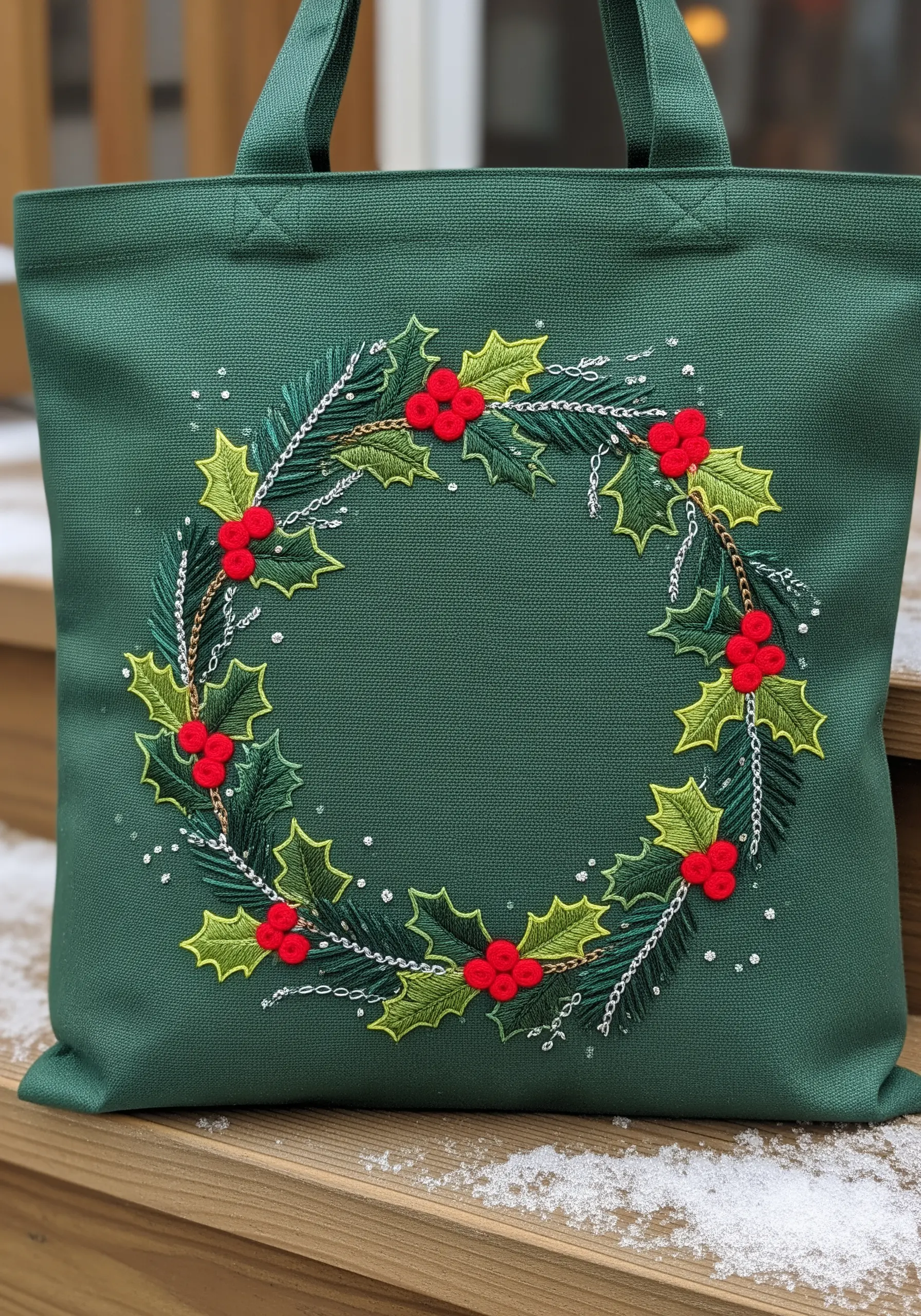 A festive winter wreath embroidered with holly, pine, and a delicate silver chain