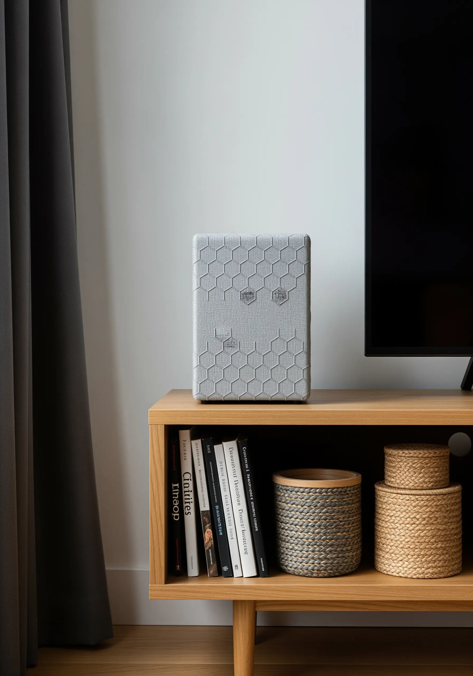 A close-up of a gray fabric surface with a repeating geometric honeycomb pattern stitched in a similar gray thread