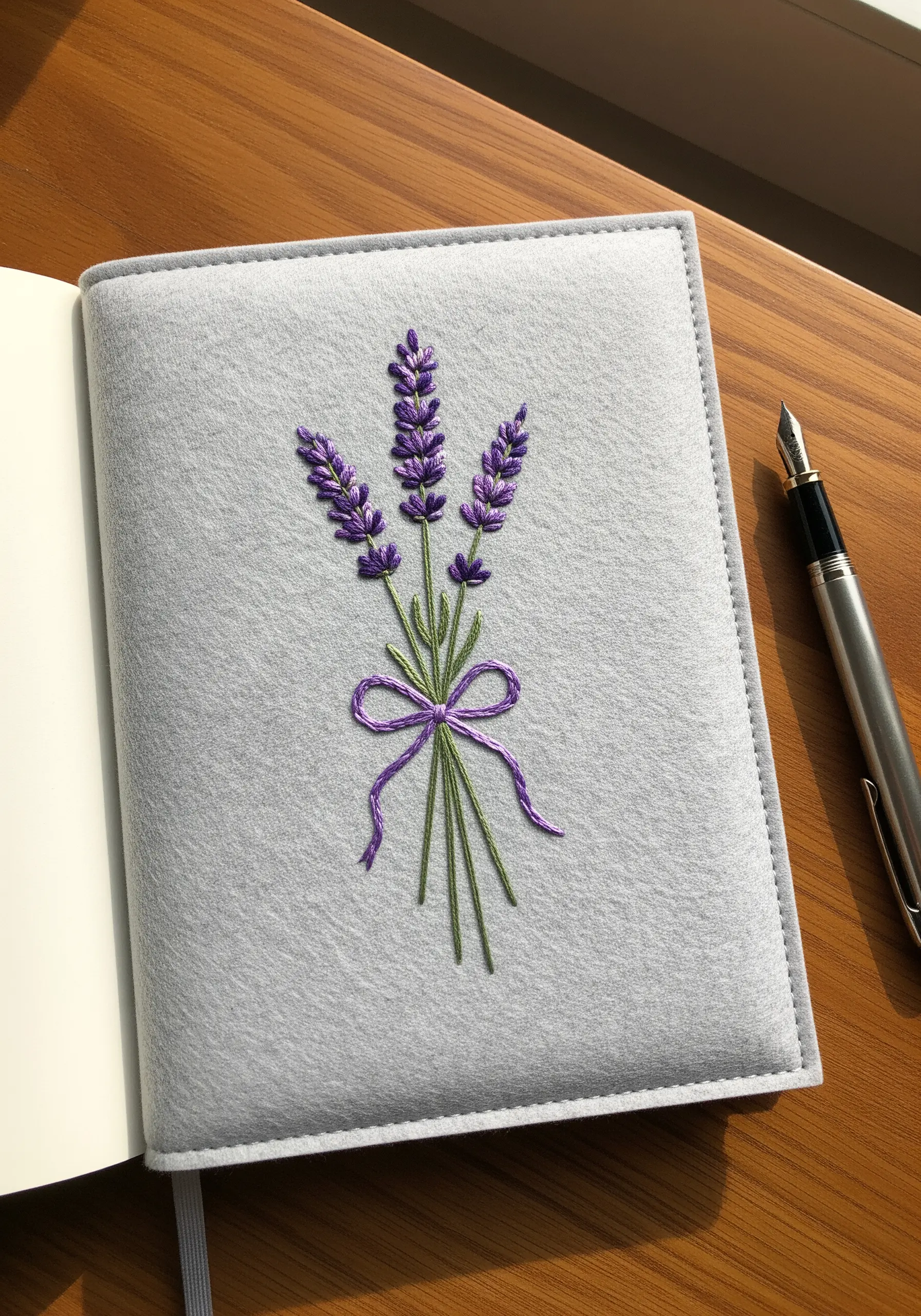 A simple lavender bouquet with a purple bow stitched onto a grey felt journal cover.