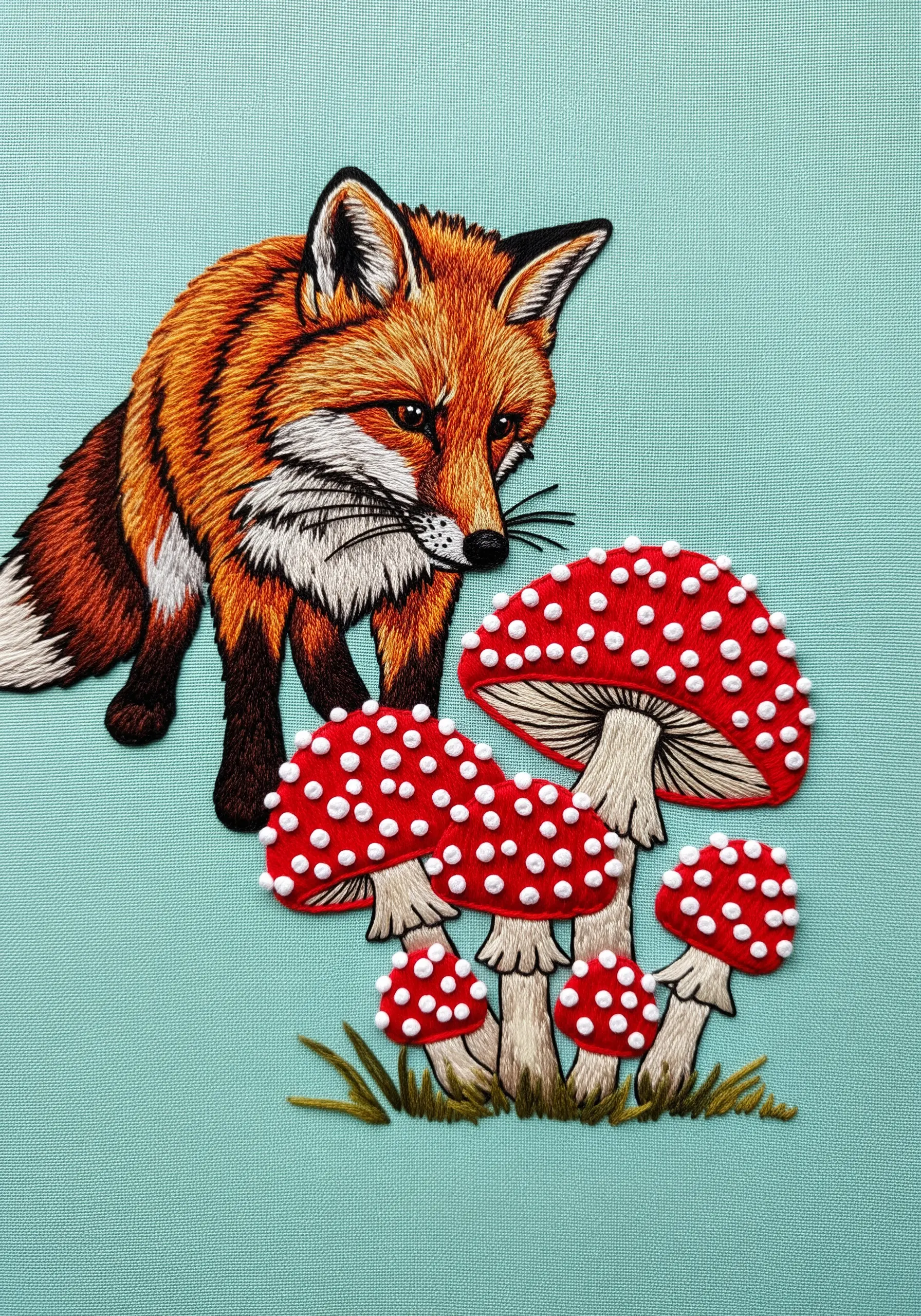 Embroidered fox looking at mushrooms with raised white dots