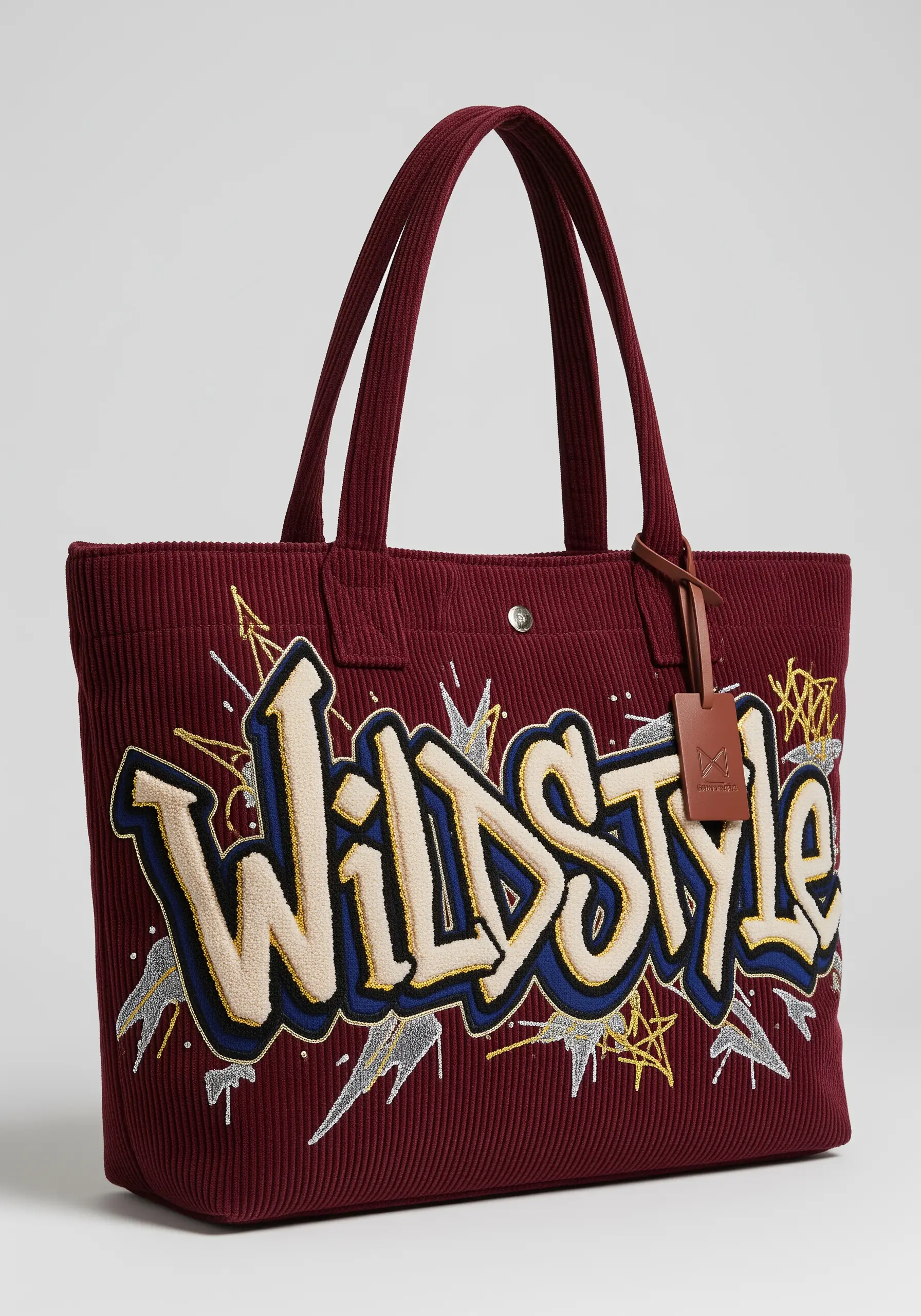Graffiti-style 'Wildstyle' text in a chenille appliqué on a corduroy tote bag.