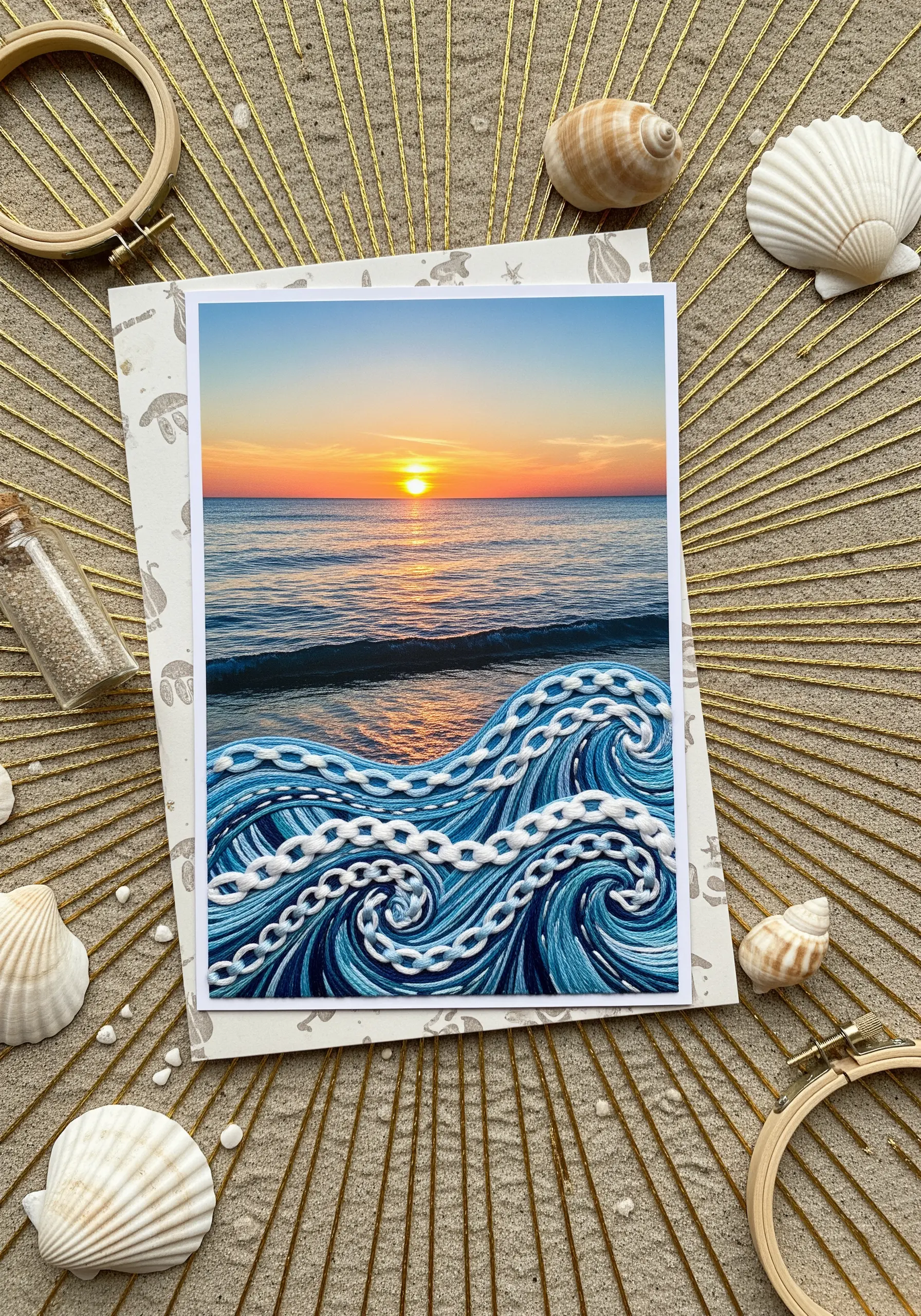 Photograph of an ocean sunset with textured, embroidered waves in the foreground.