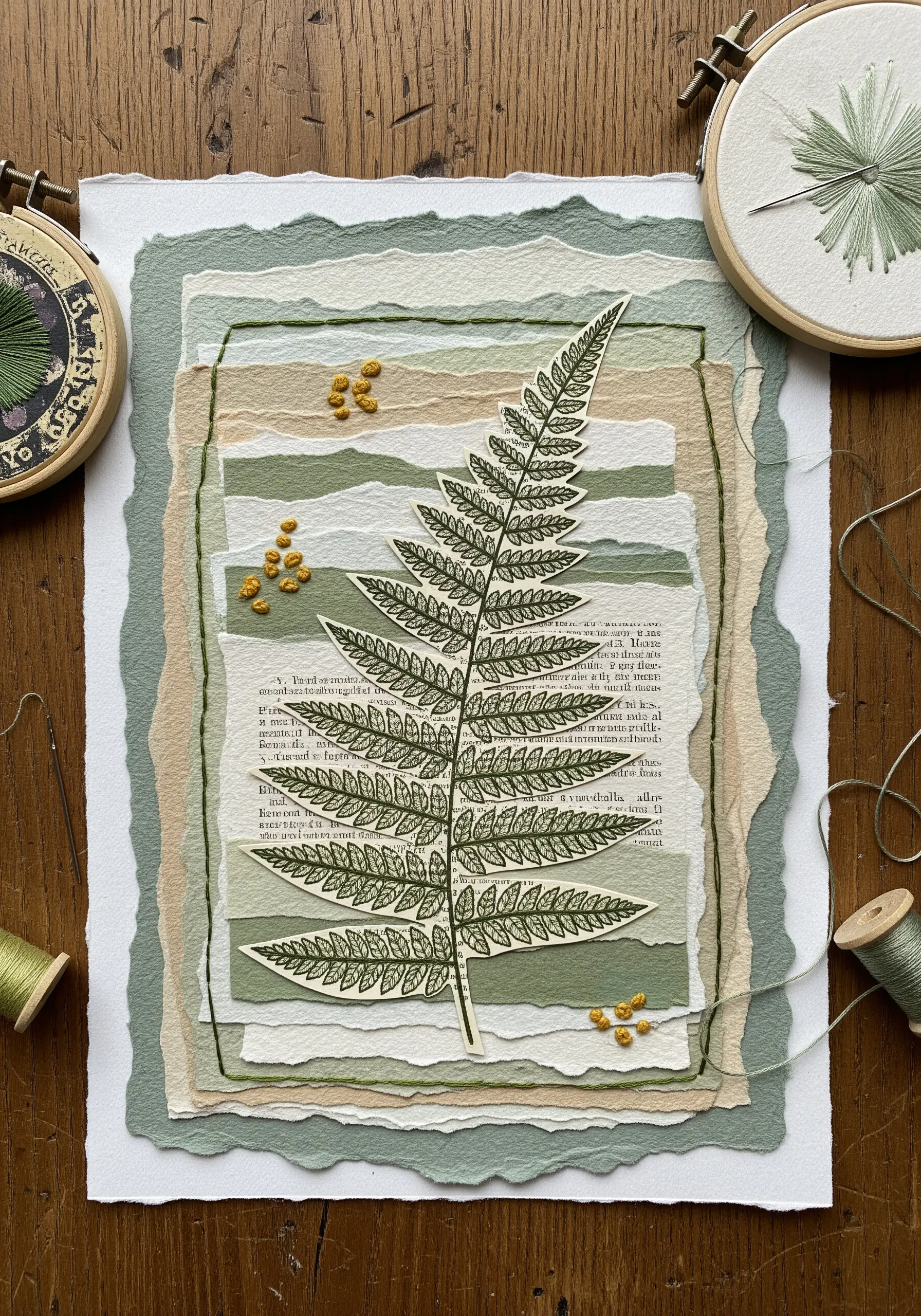 Torn paper collage of a fern with clusters of yellow French knots and a stitched green border.