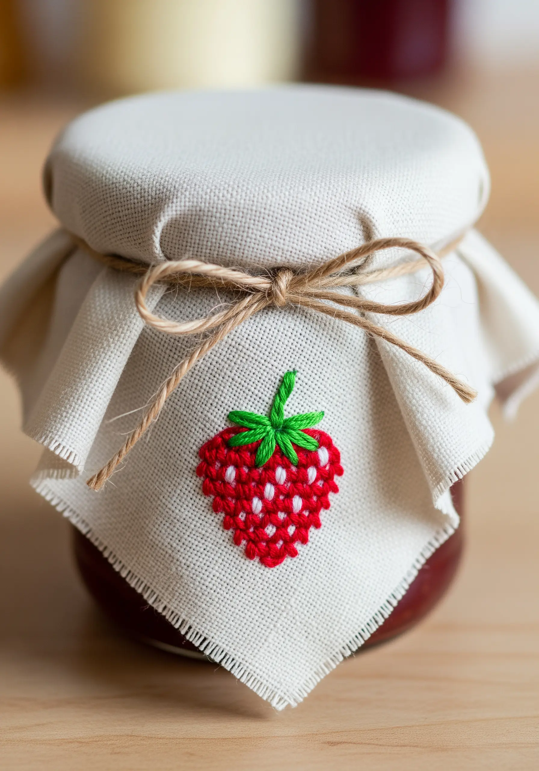 An embroidered strawberry with a cross-hatch fill stitch on a jam jar cover.