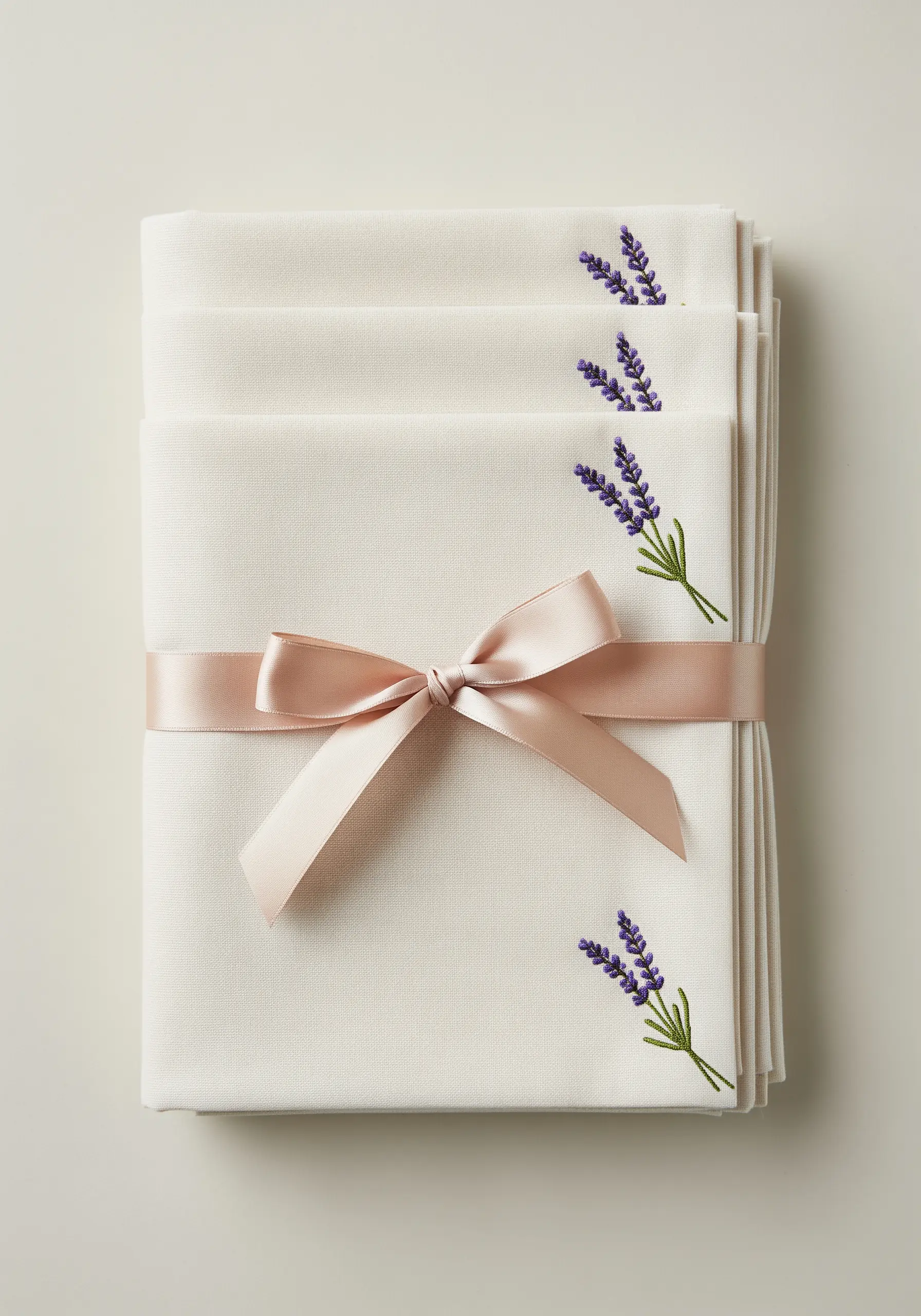 A stack of neatly folded white napkins, each with a small, simple lavender motif in the corner.