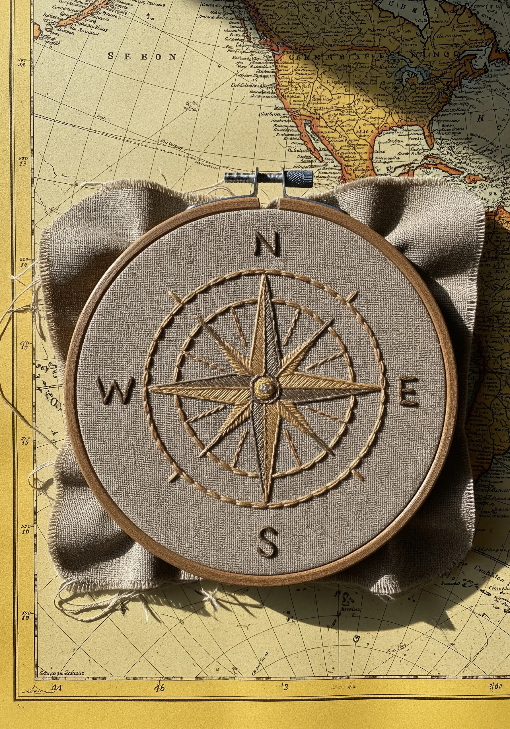 An embroidered compass rose stitched with variegated gold and brown thread on taupe fabric.