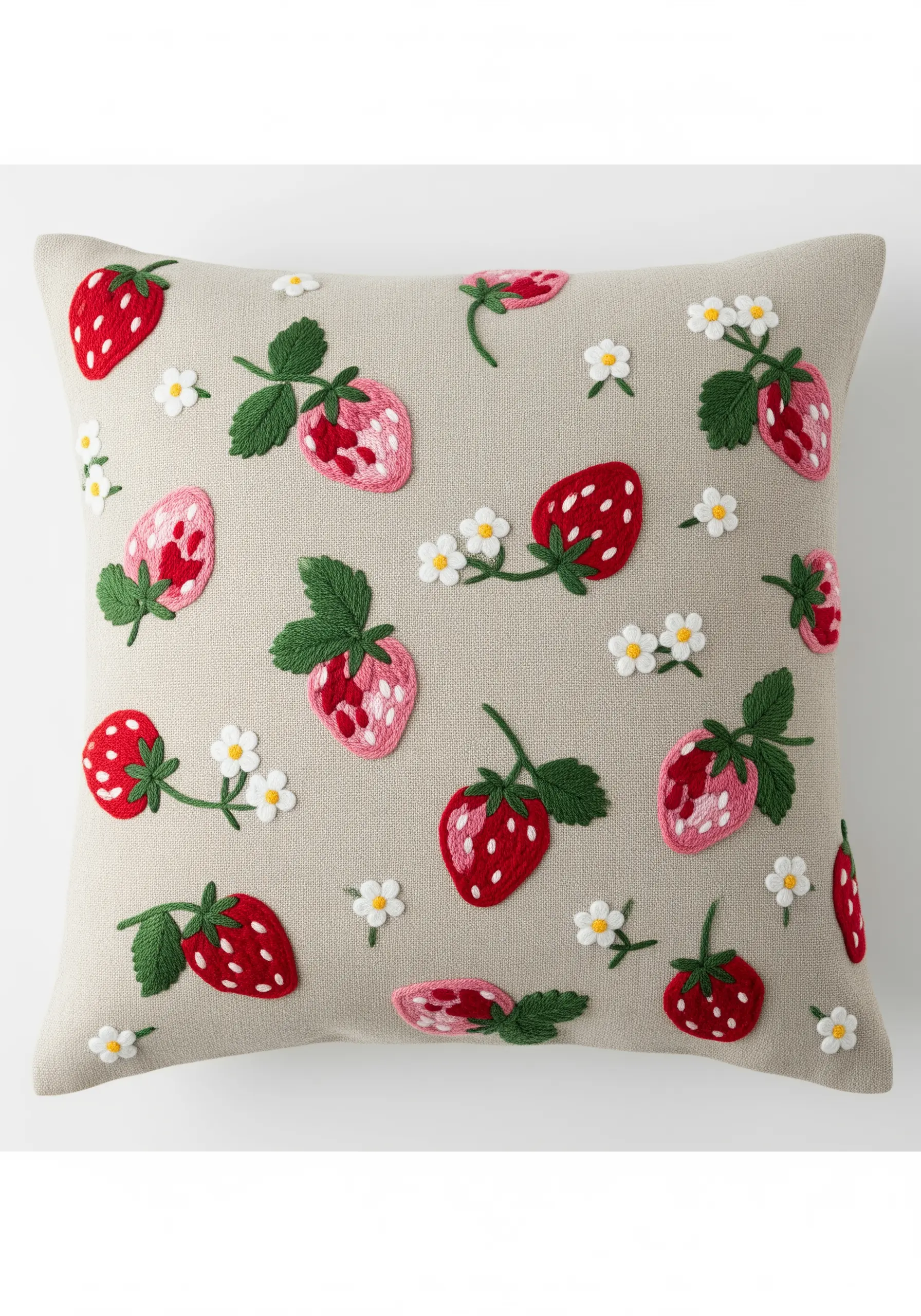 Pillow with a repeating pattern of embroidered strawberries and small white daisies.