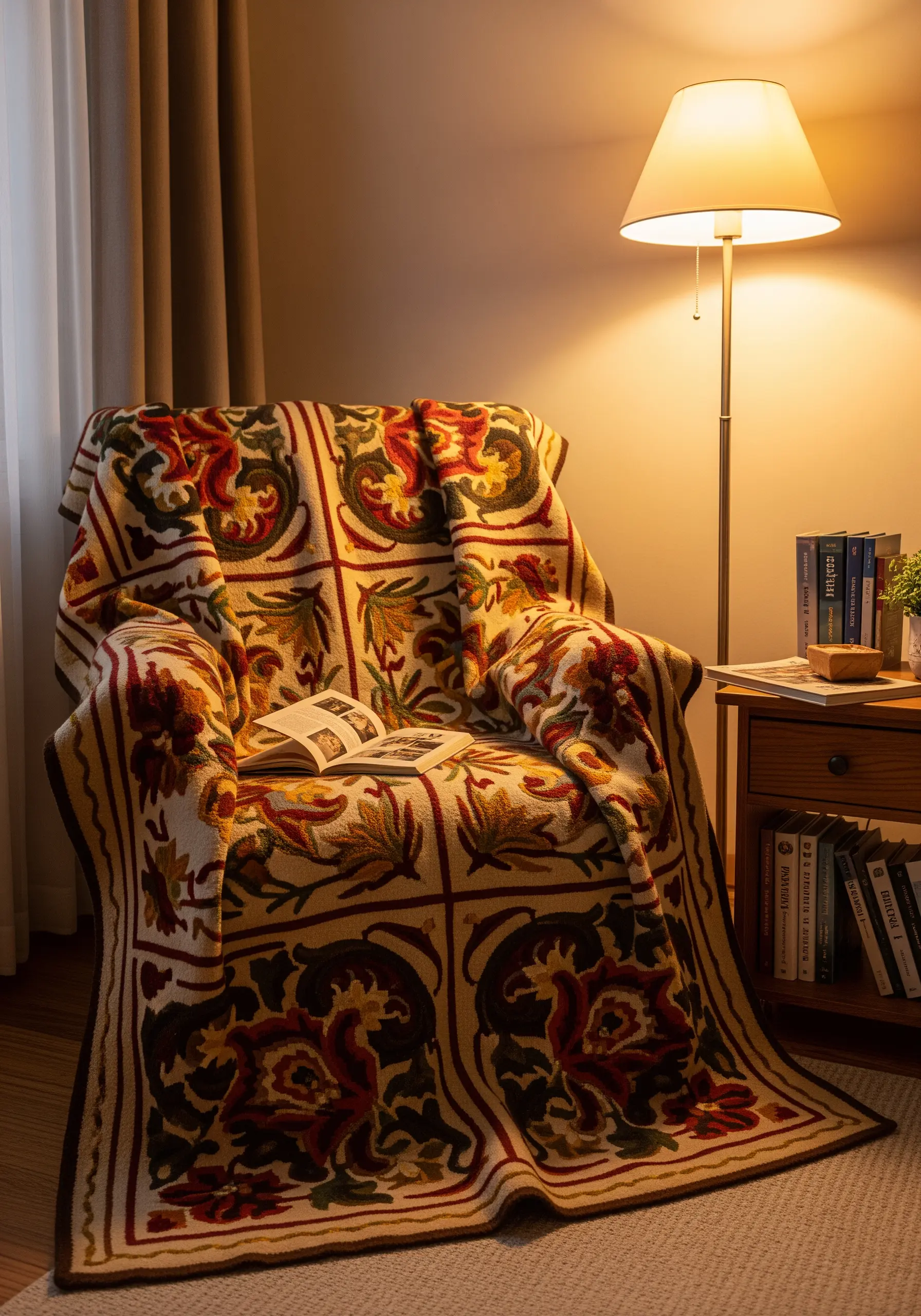 A cozy armchair draped with a crewel embroidery throw blanket featuring a floral pattern.