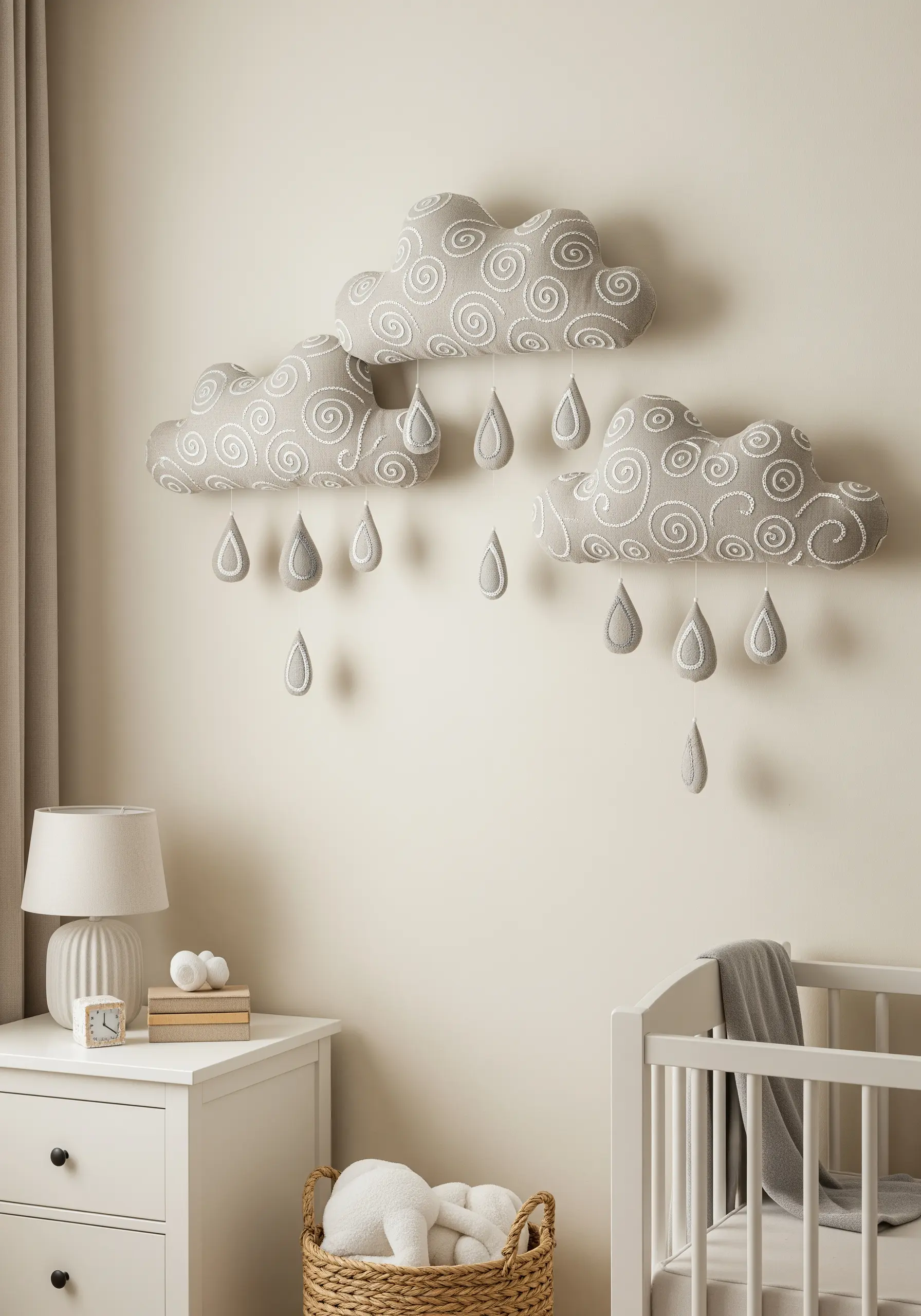 A 3D wall mobile made of stuffed, embroidered clouds and raindrops in a nursery.