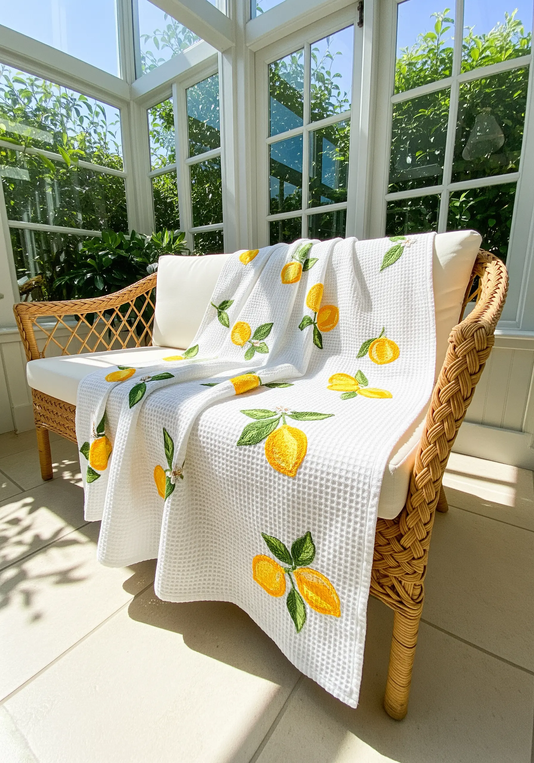 Bright yellow lemons with green leaves embroidered onto a white waffle-weave blanket.