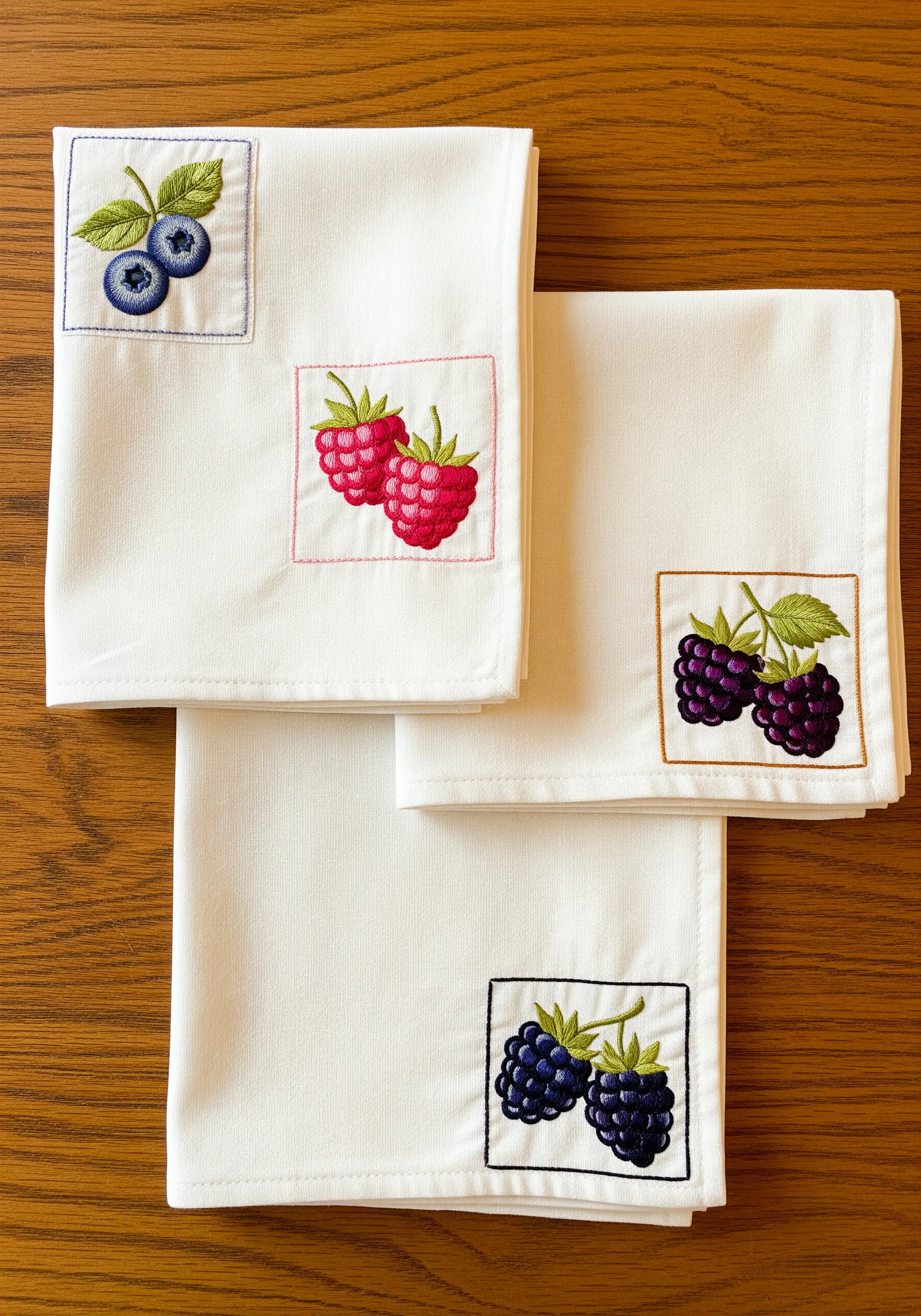 Four white napkins with small, embroidered patches of different berries in the corners.