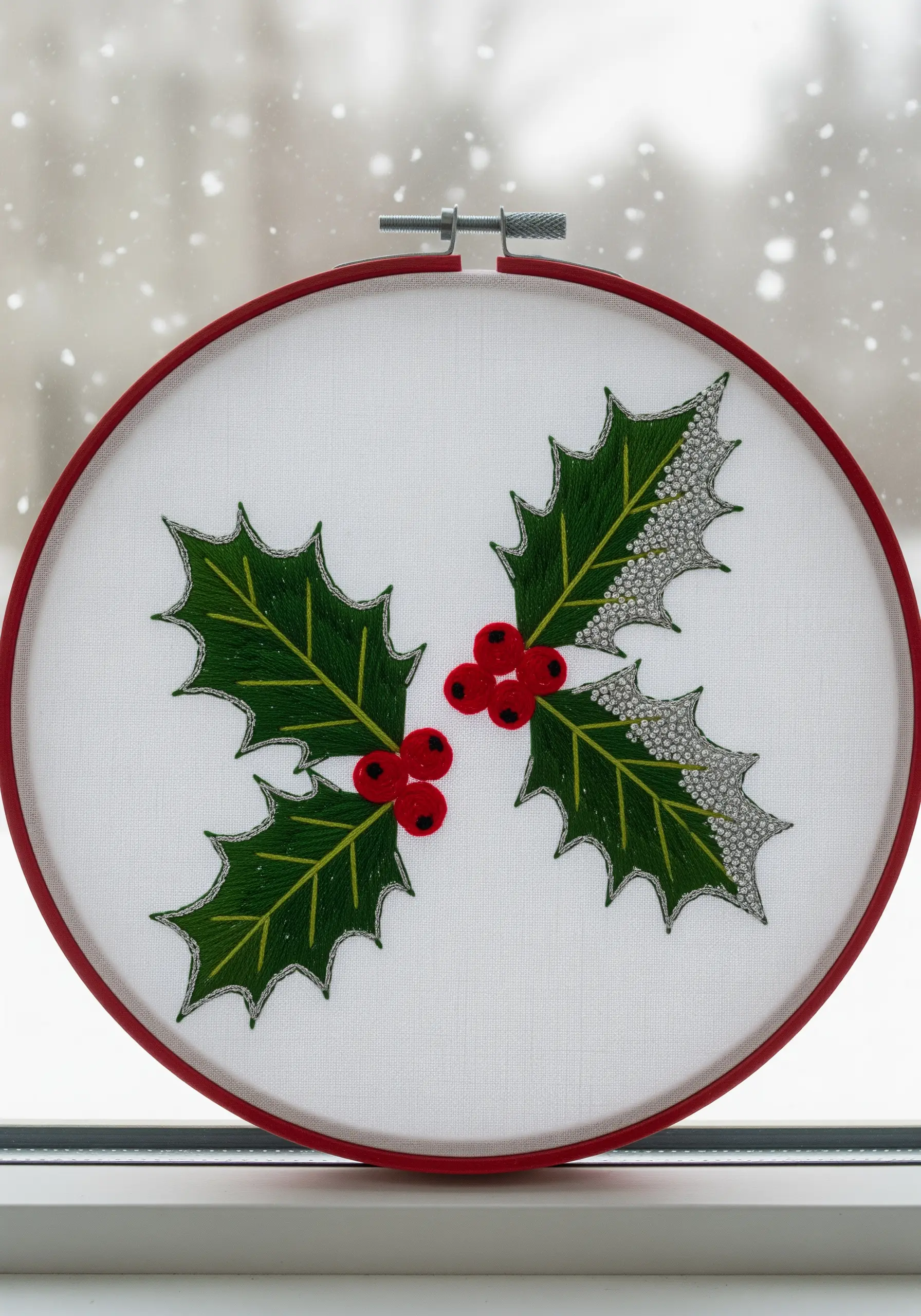 Embroidered holly leaves with seed bead “frost” and dimensional red French knot berries.