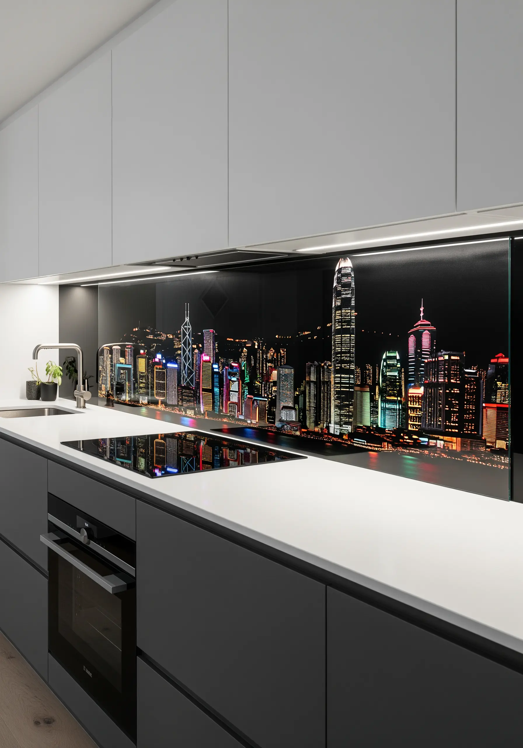 A hyper-realistic printed panel of the Hong Kong skyline, suitable for embellishment.