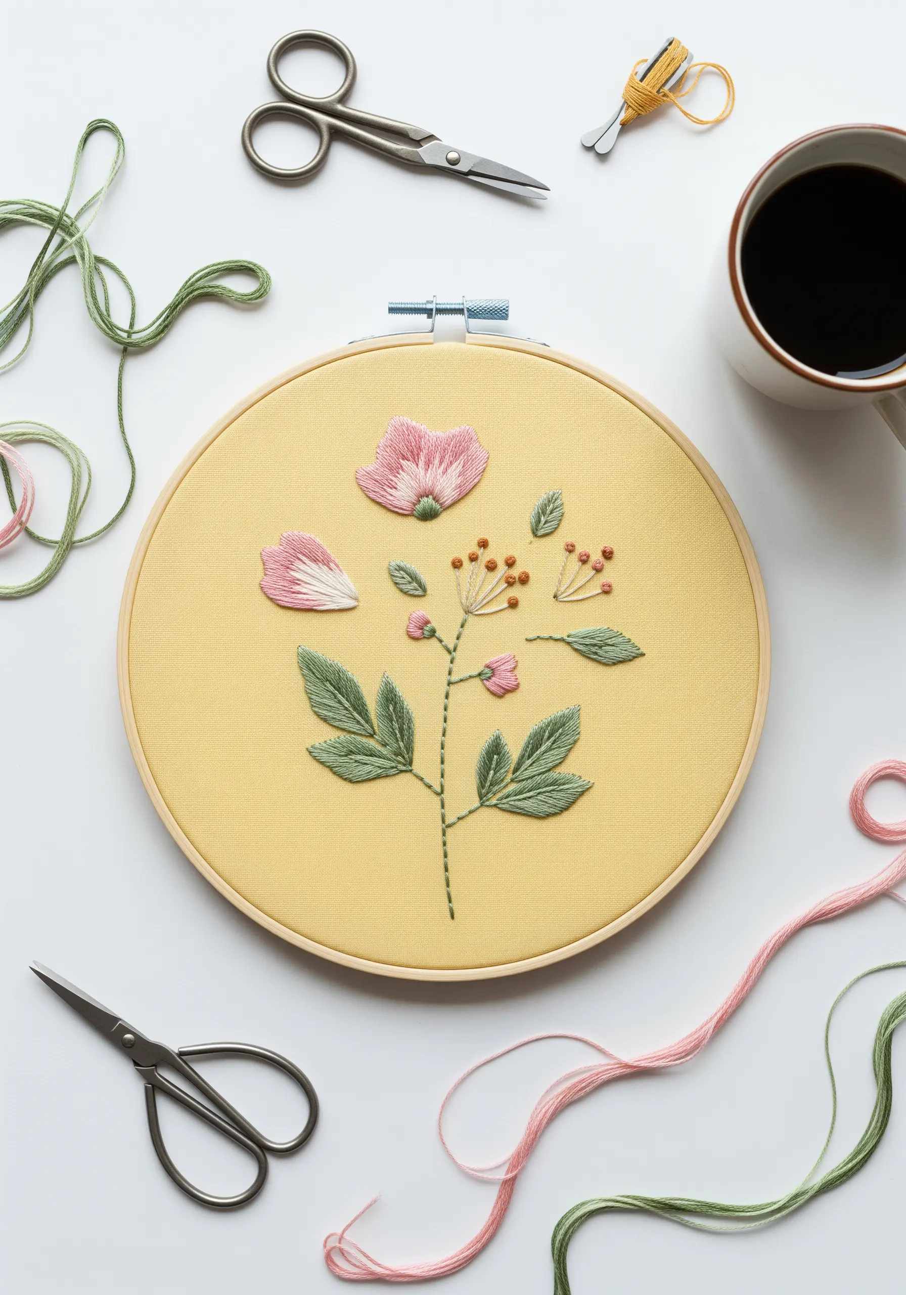 Botanical embroidery with 3D detached chain stitch petals on a pale yellow fabric.