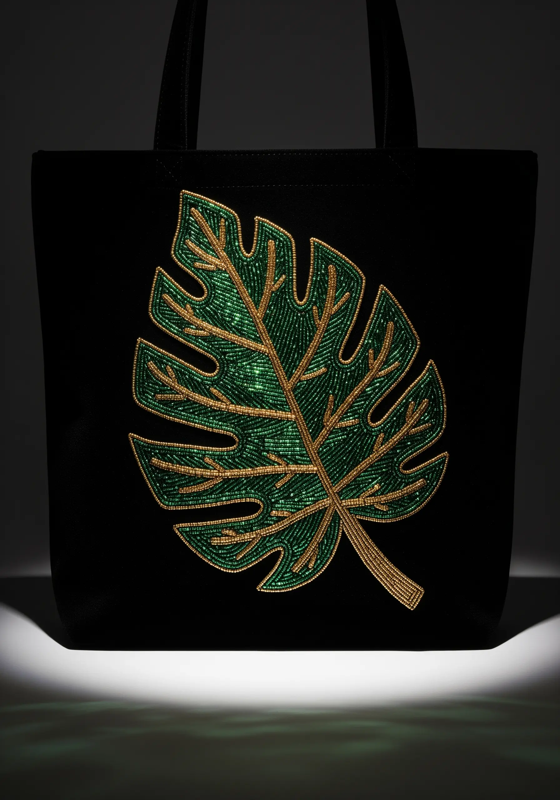 A monstera leaf outlined in gold thread and filled with green seed beads on a black bag.