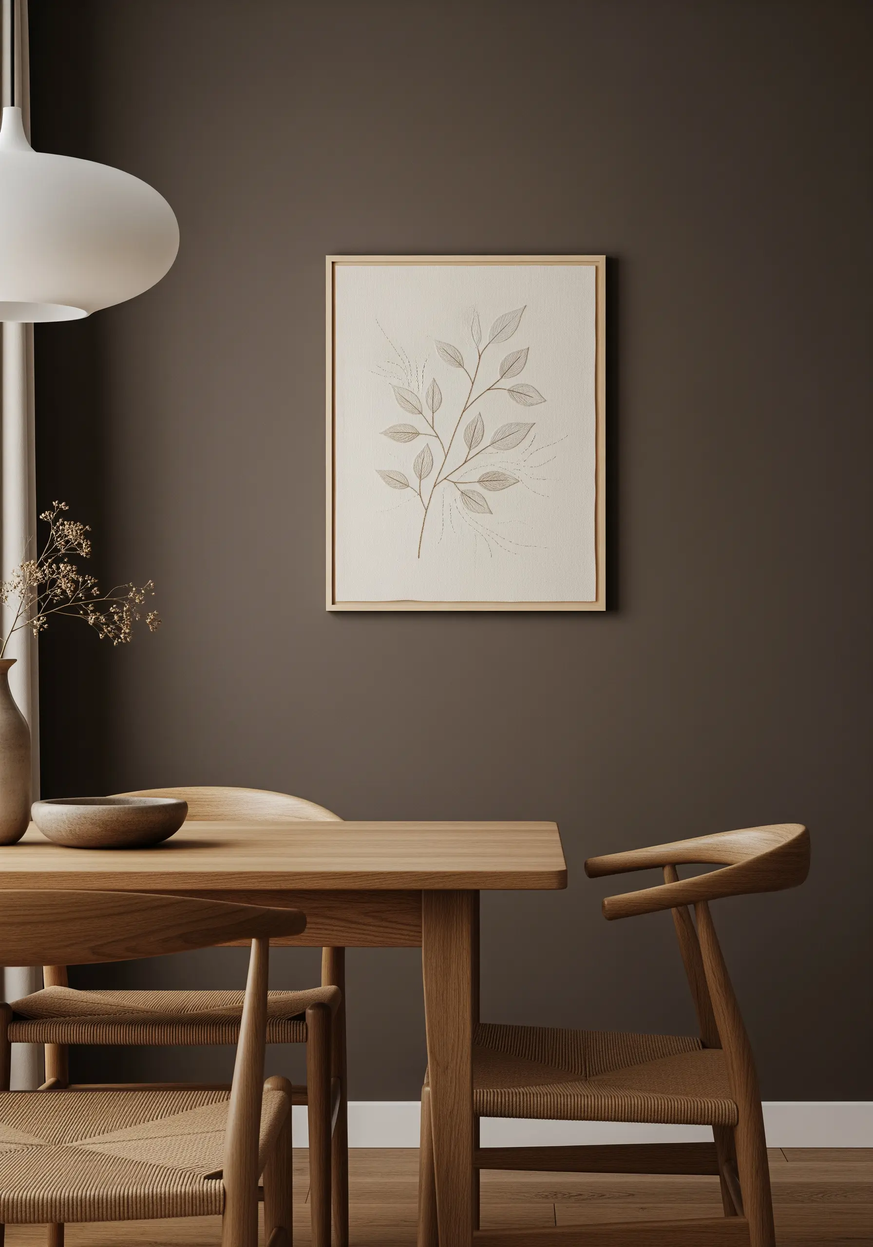 Delicate botanical line art in a frame, with subtle seed stitches creating background texture.