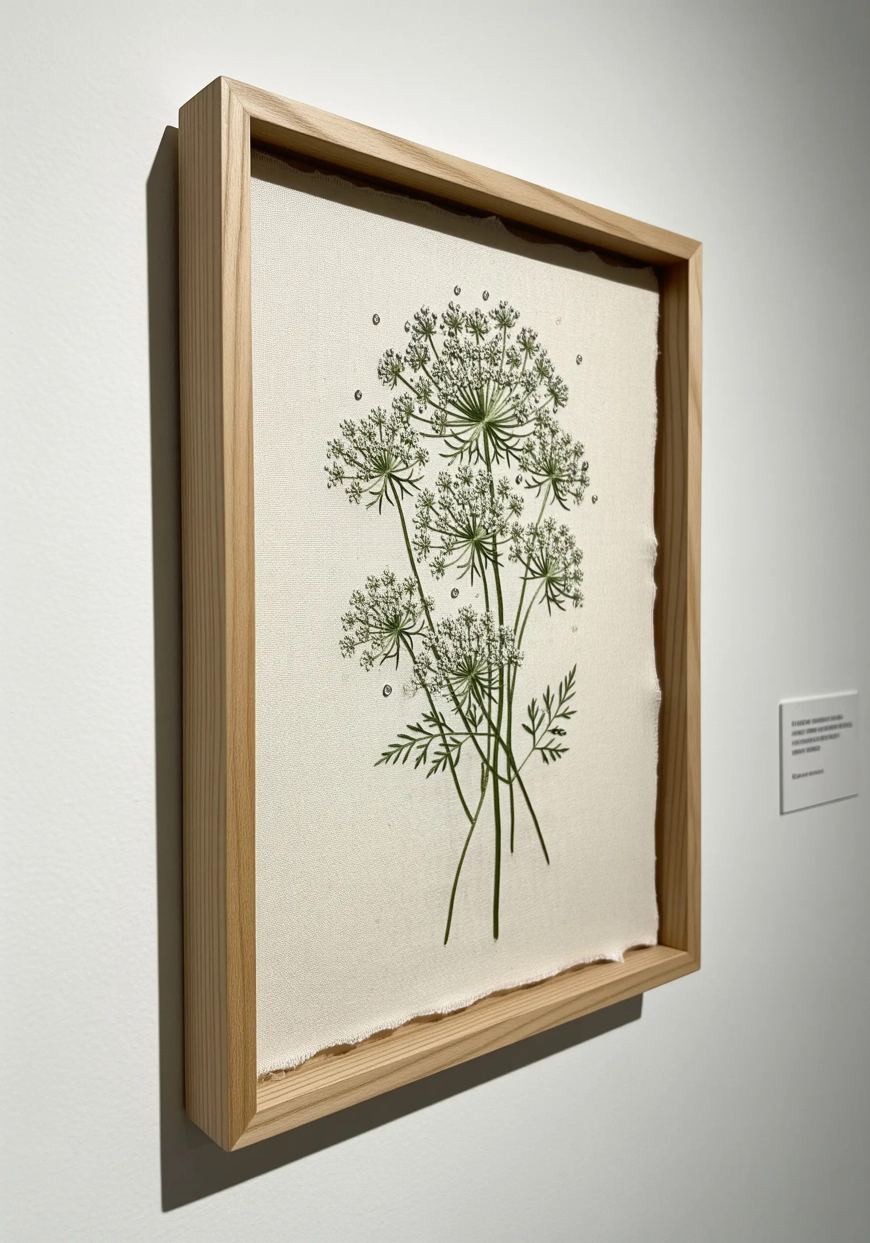A framed print of Queen Anne's Lace on fabric, embellished with tiny white French knots.