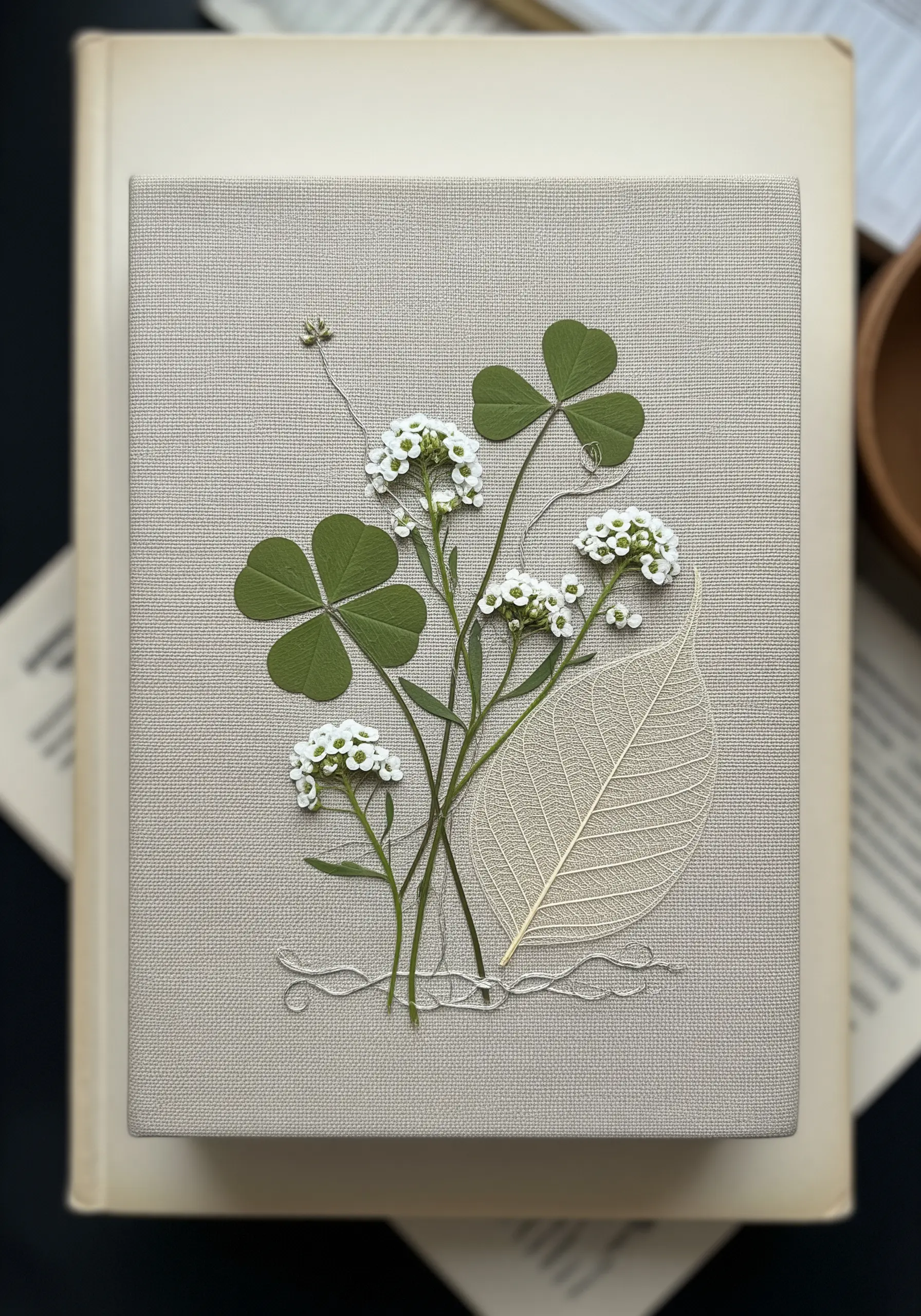 A fabric book cover decorated with a collage of pressed clover, white flowers, and a skeleton leaf.