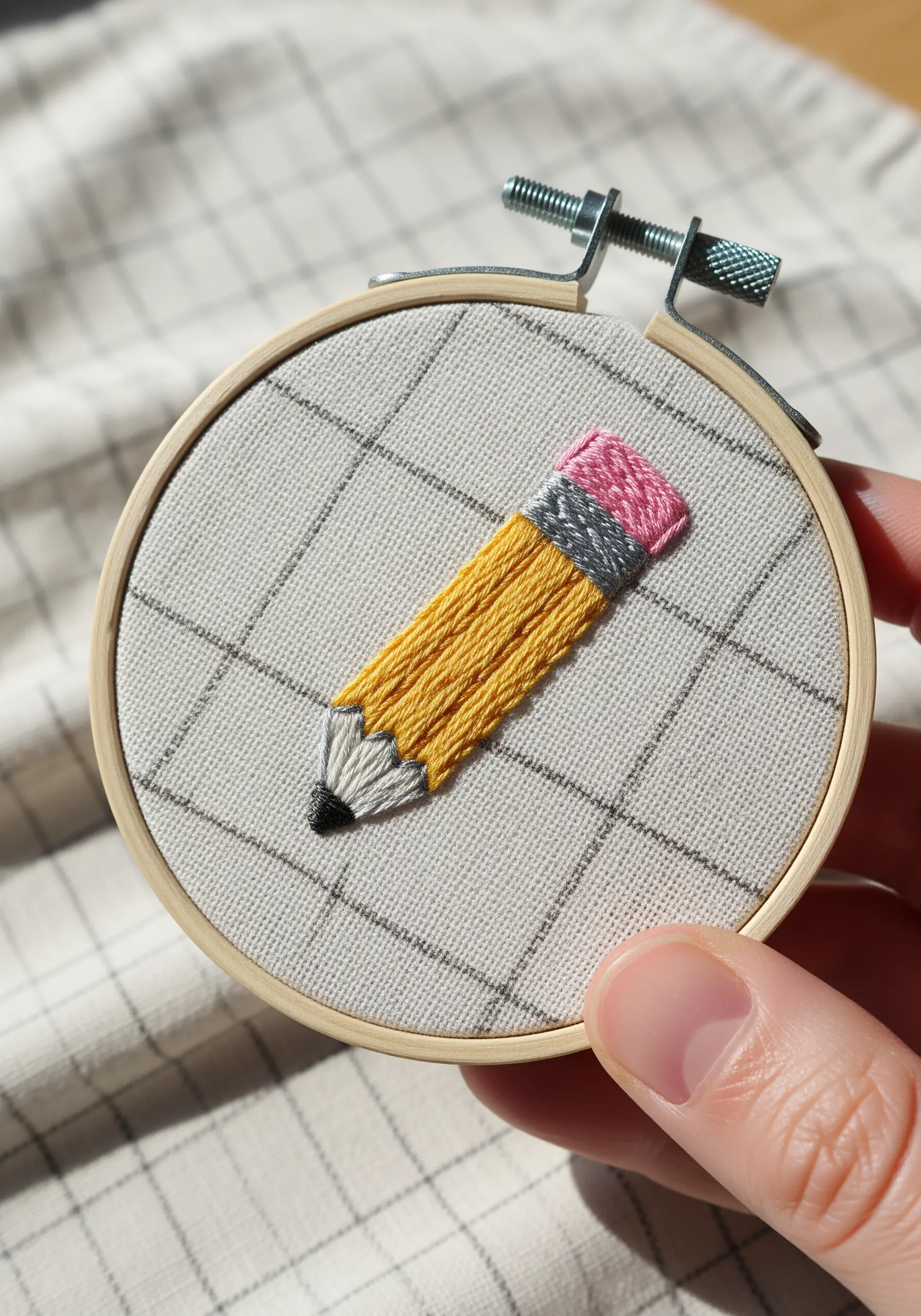 An embroidered pencil with satin stitches aligned with the grid pattern of the fabric.