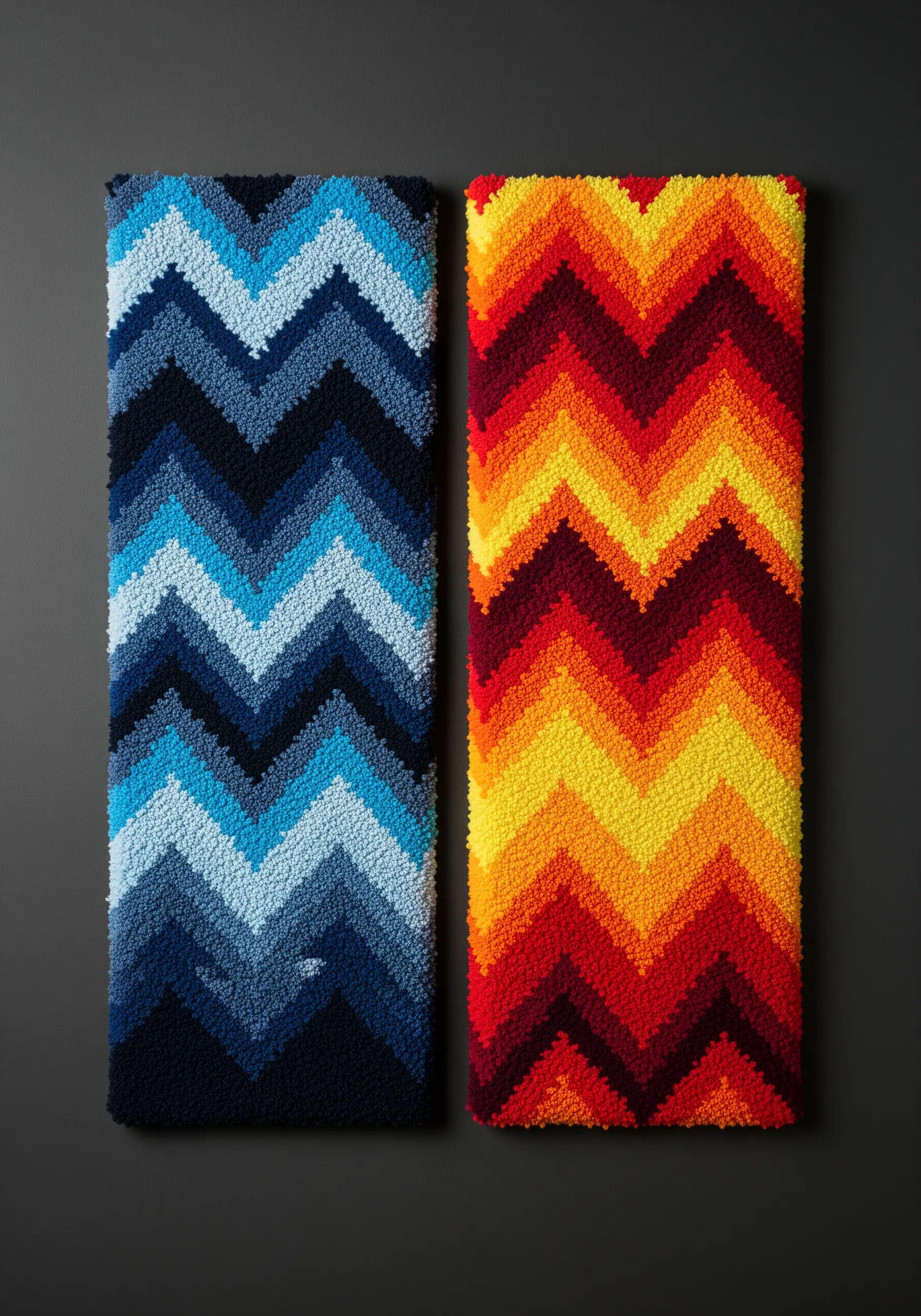 Two long rectangular punch needle panels with chevron patterns in cool and warm color gradients.