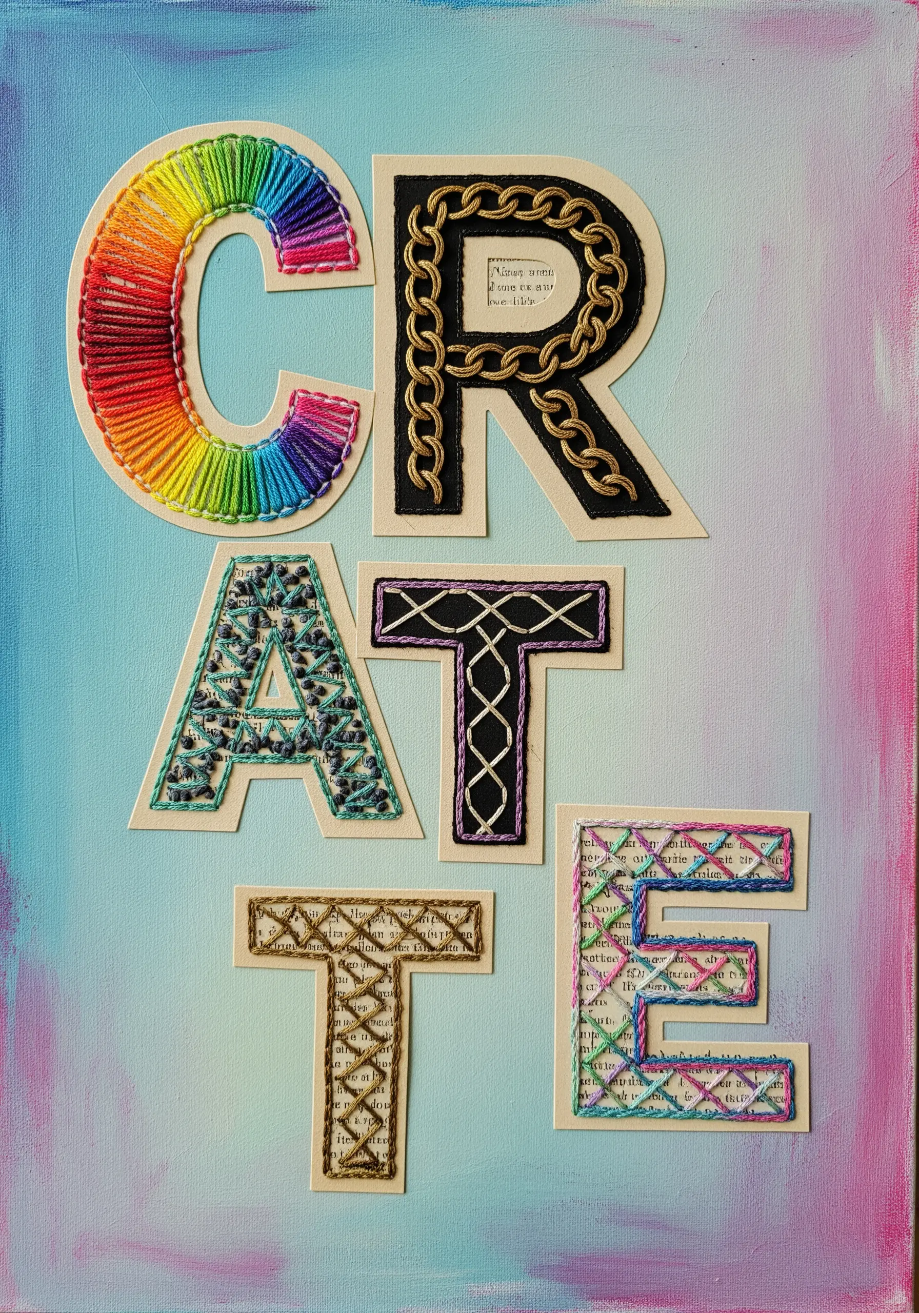 The word 'CREATE' with each letter made from paper and filled with a different embroidery stitch.