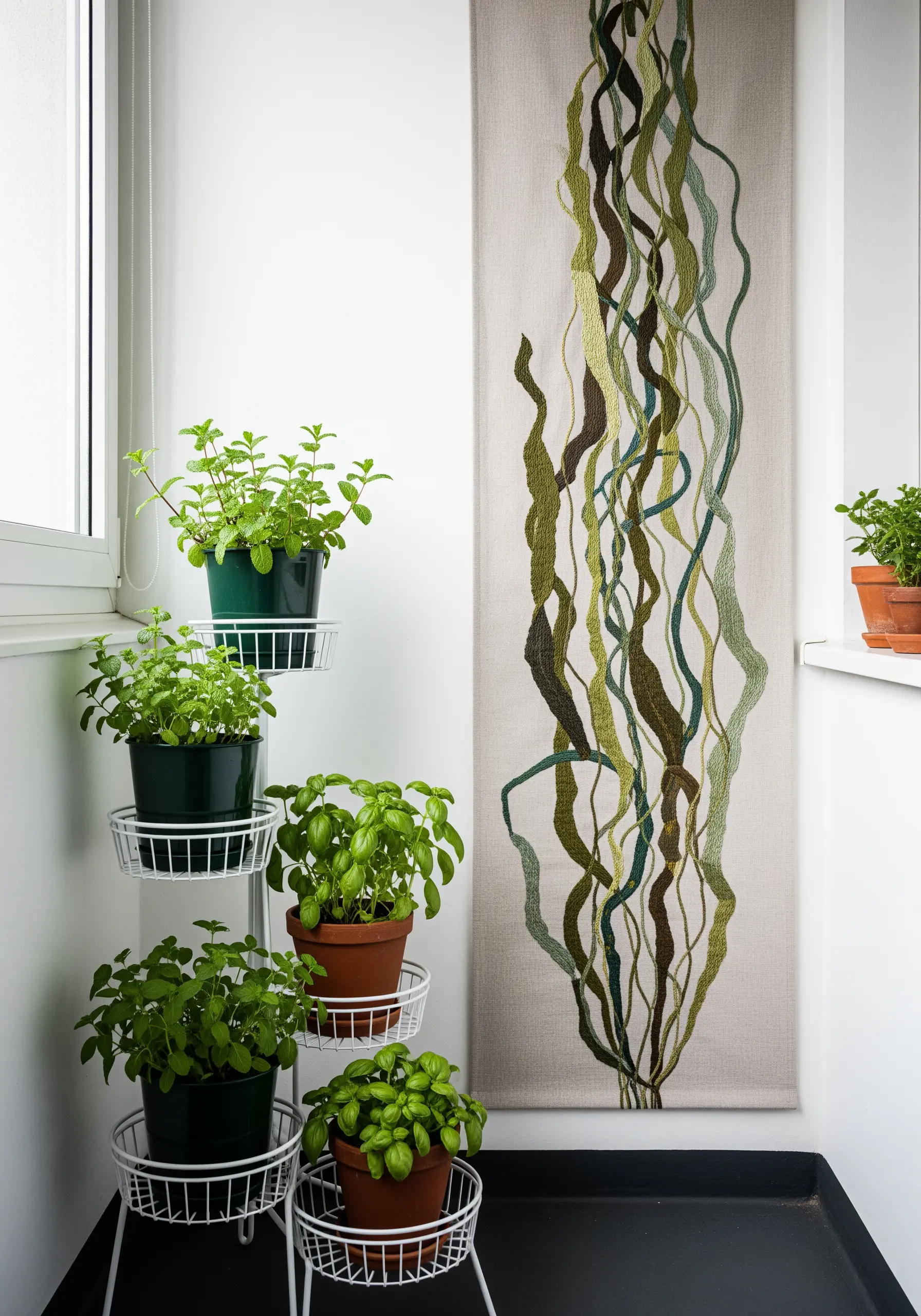 A long, vertical wall hanging with embroidered seaweed in shades of green.