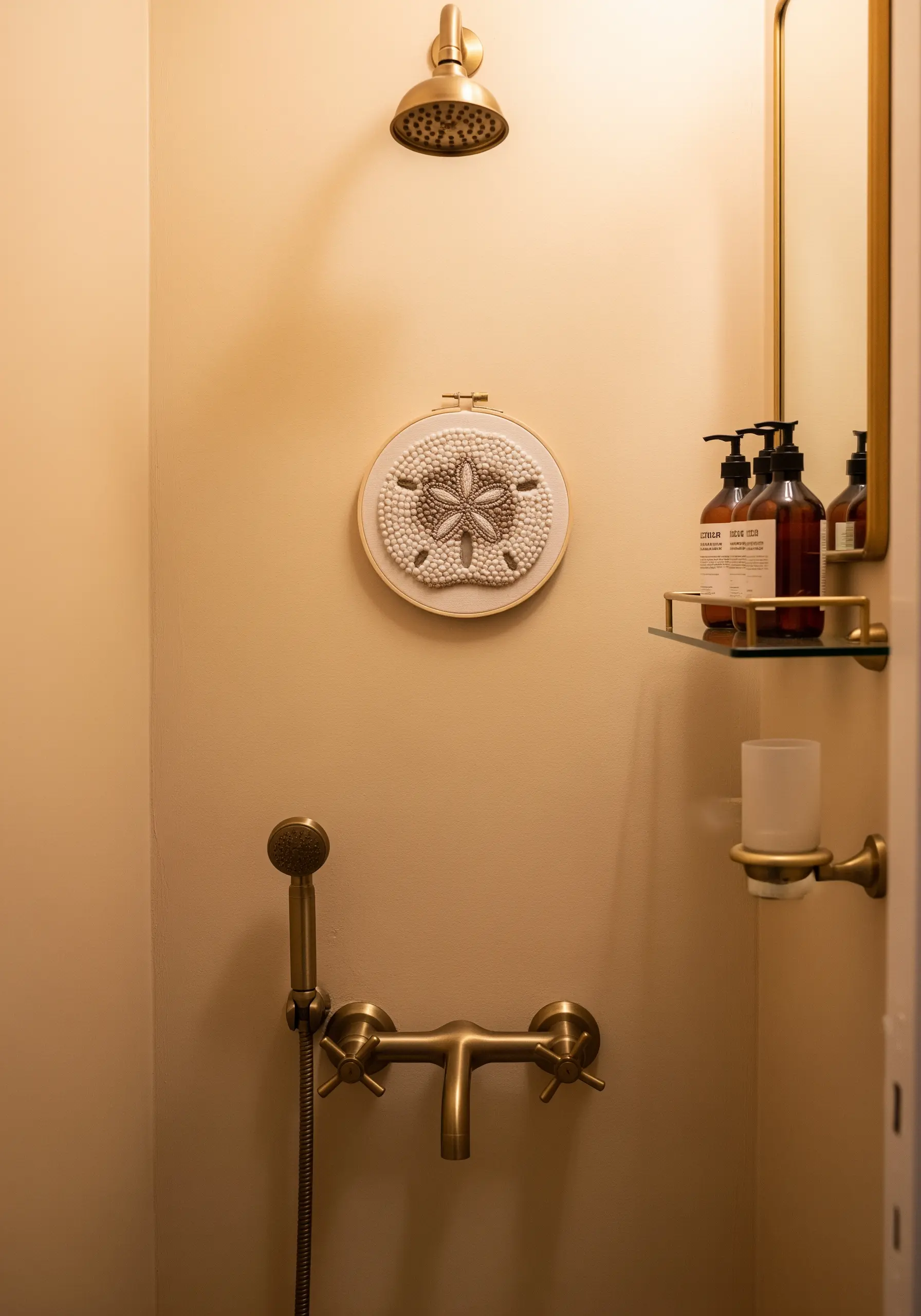 A sand dollar motif combining bead embroidery and French knots.