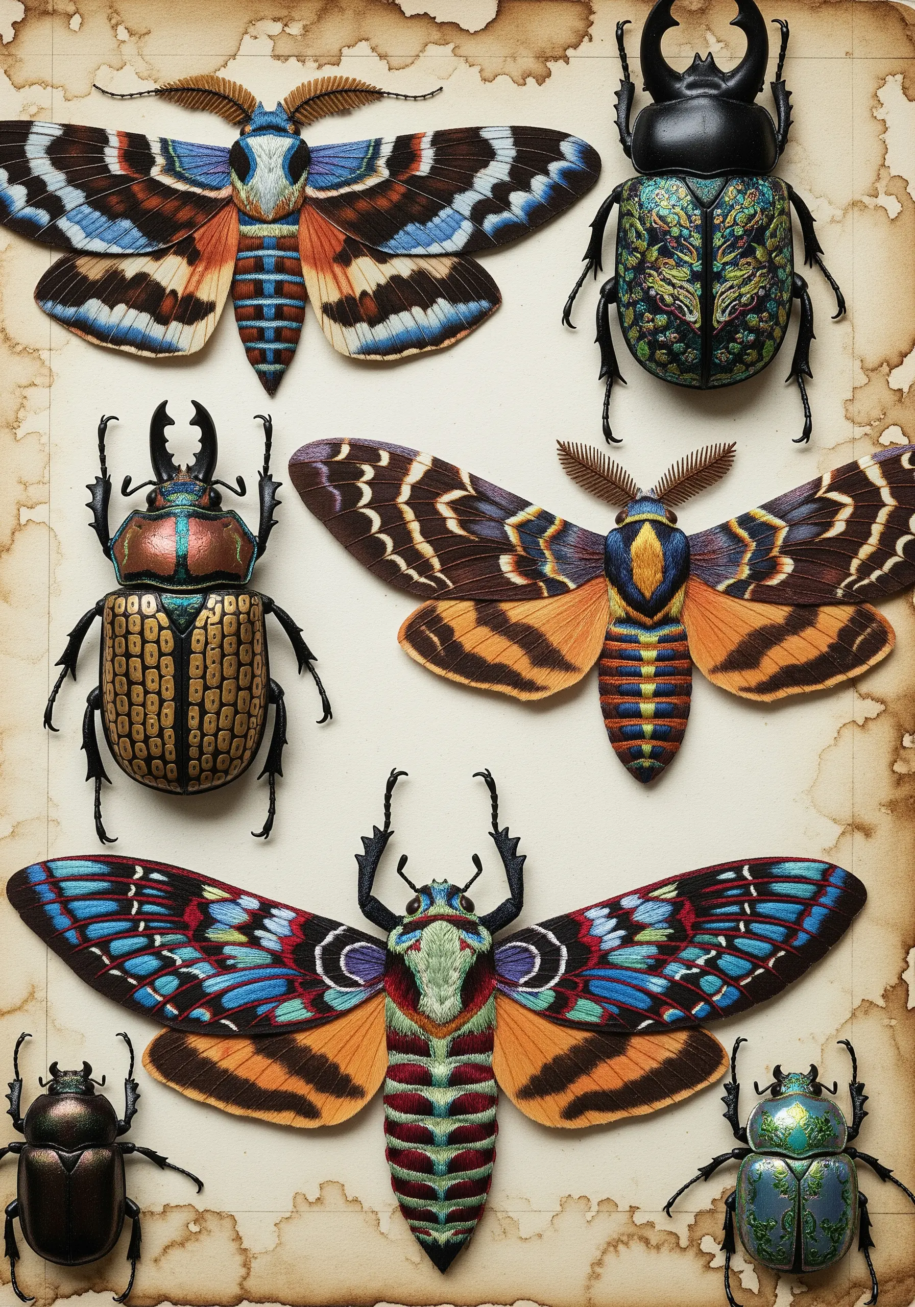 A collection of realistically embroidered moths and beetles appliquéd onto aged paper.