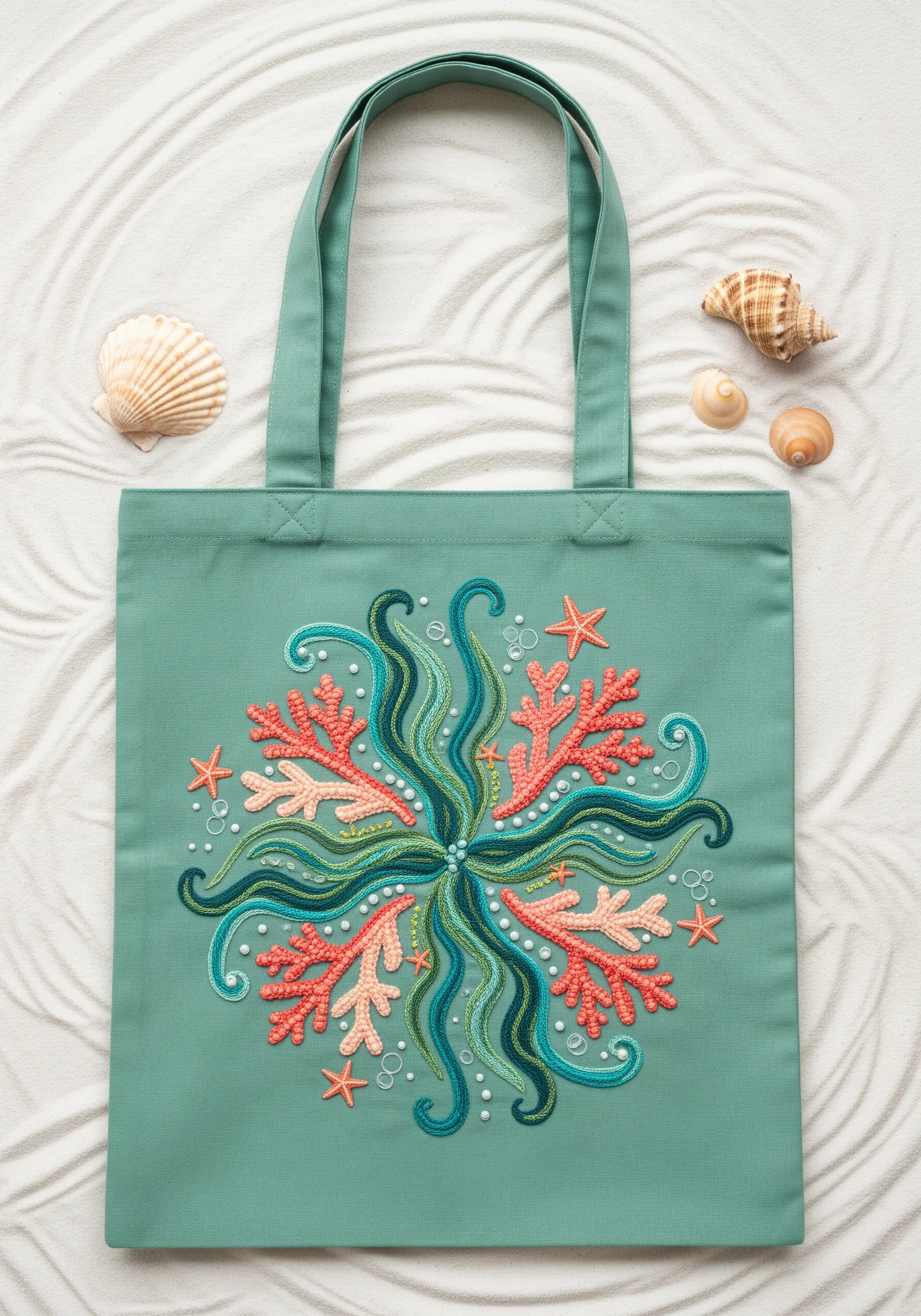 A sea-themed mandala with coral, seaweed, and starfish on a teal-green tote bag.